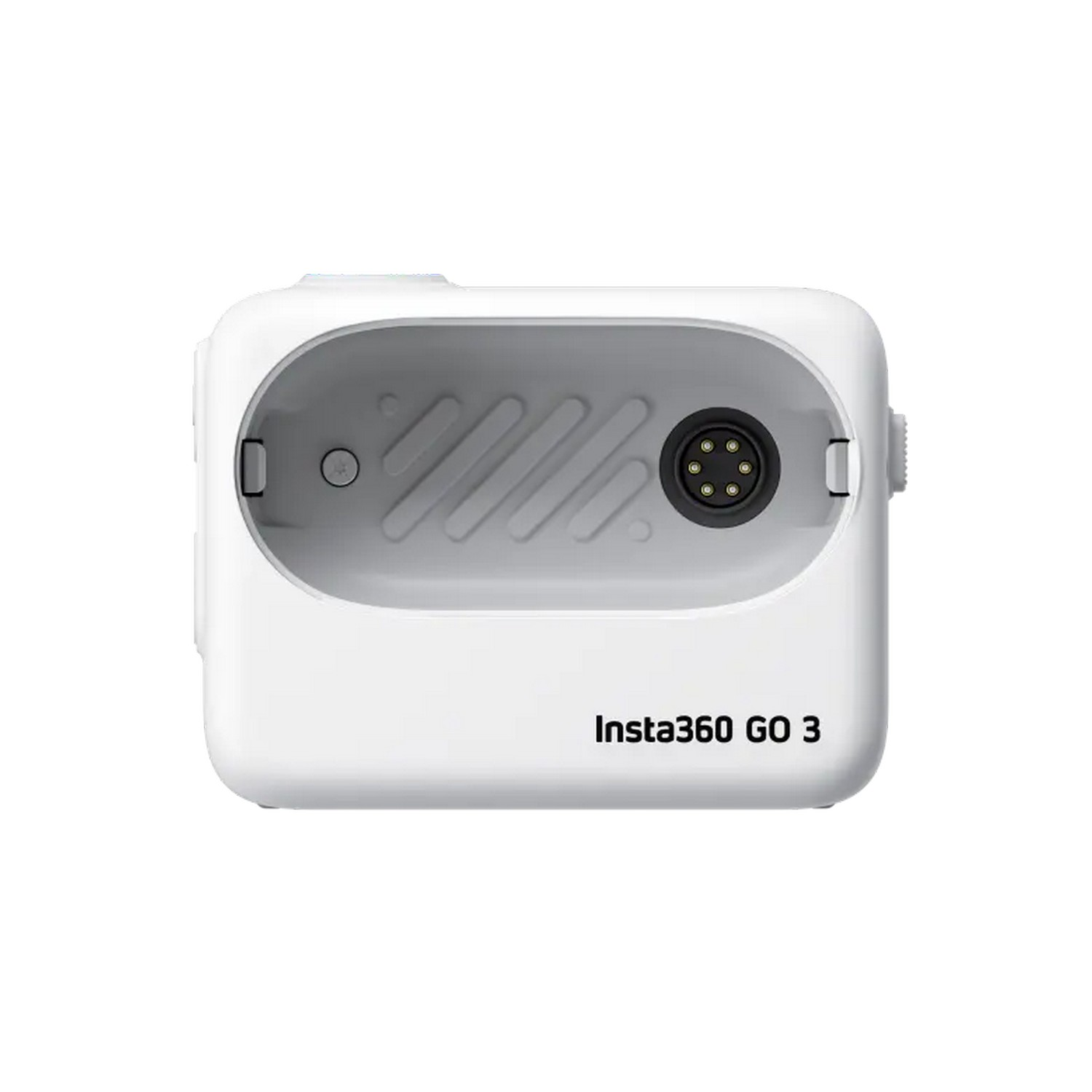 Witte Insta360 GO 3 camera met oplaadcase, met zwarte cirkel op de case.