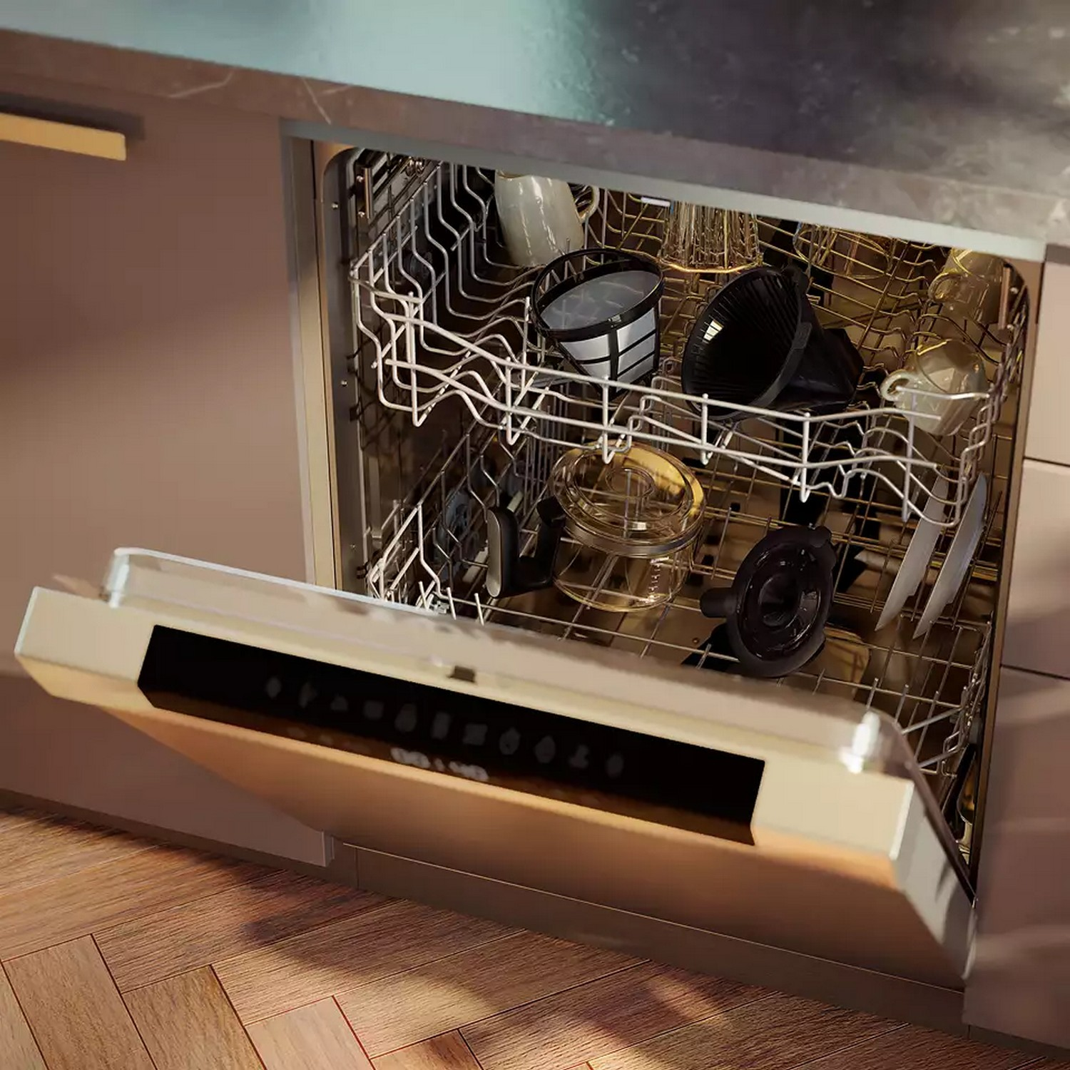 Dishwasher with open door, showing dishes inside. Beige cabinets in the background.