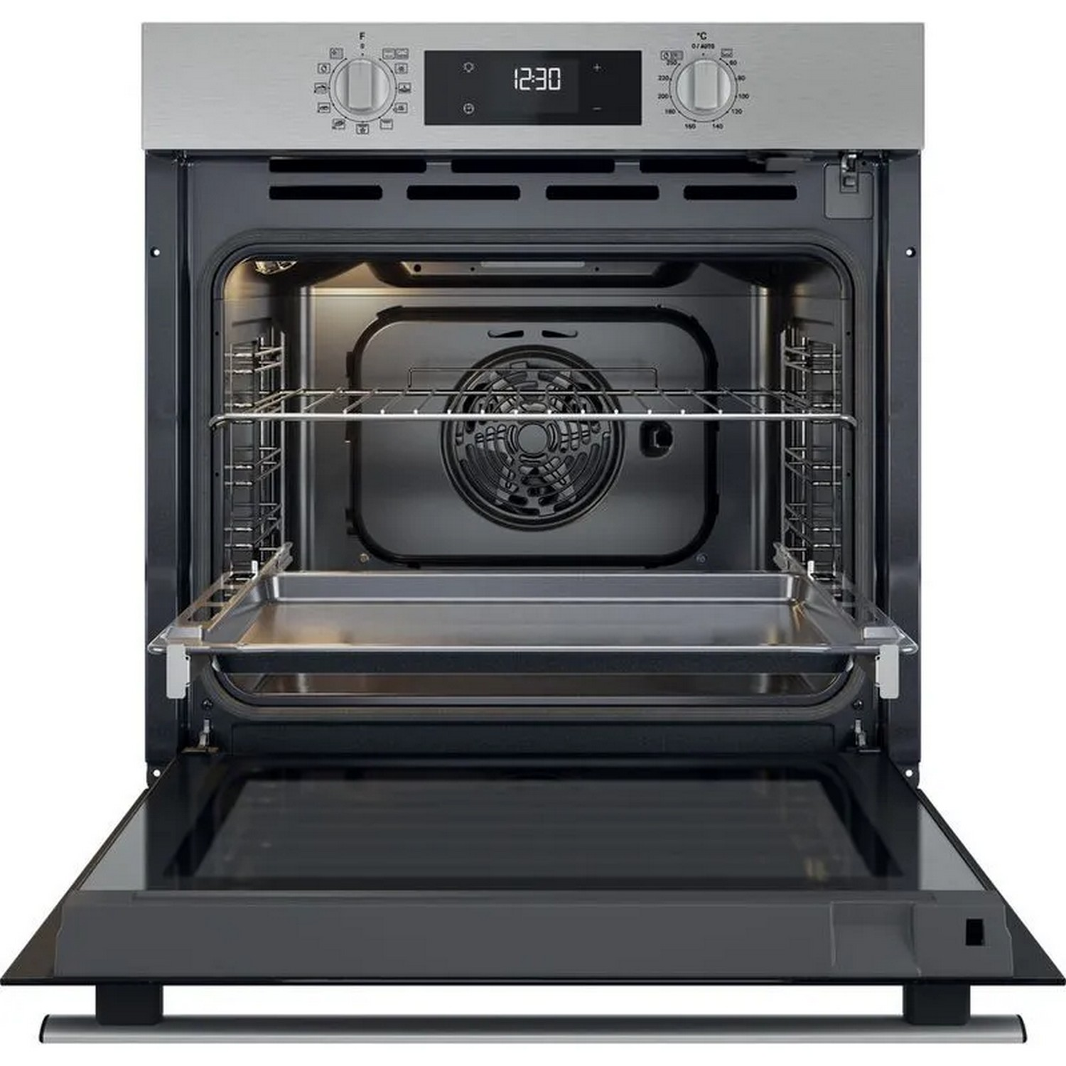 An oven with the door open, showing the interior with racks and a tray.