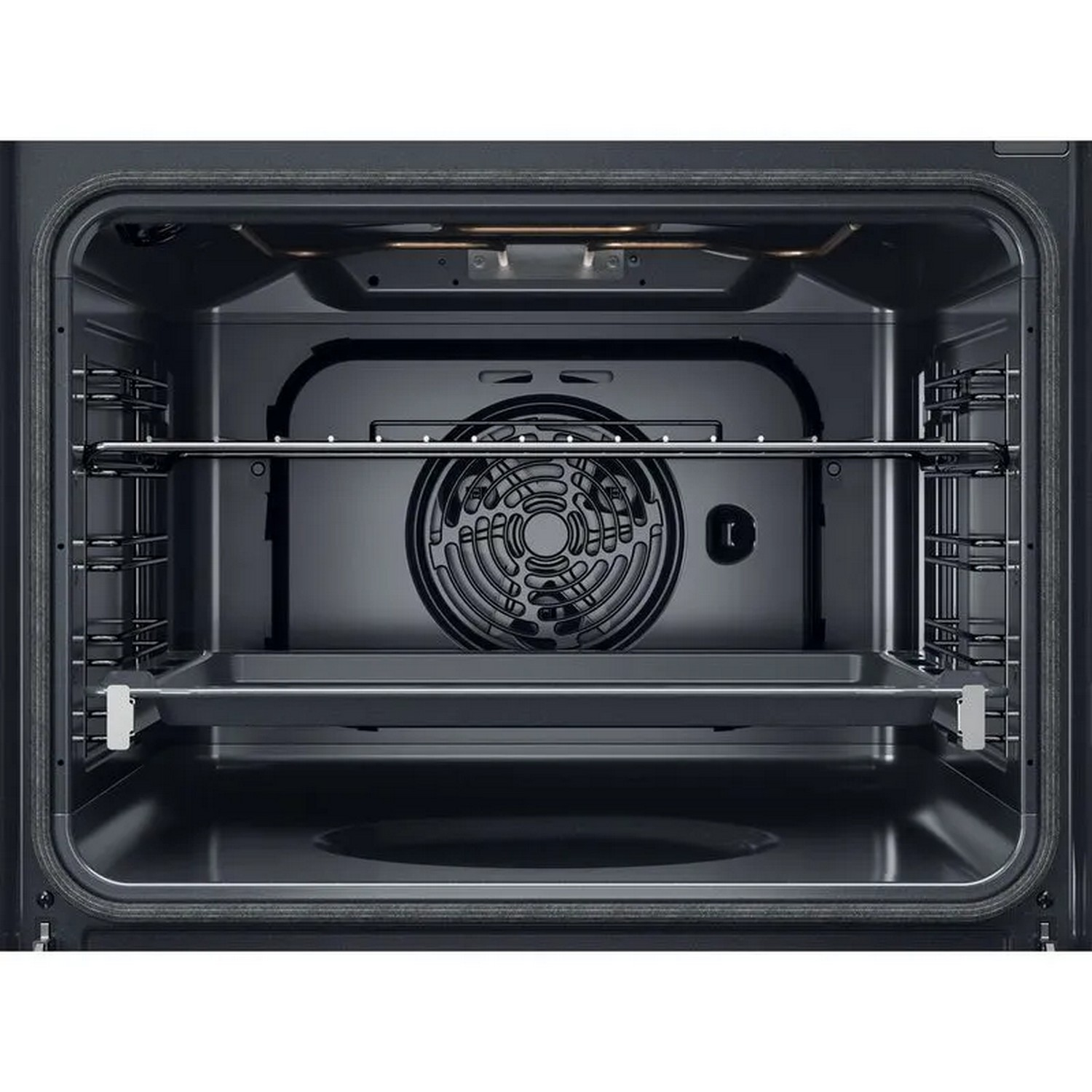 Inside a clean oven, showing the heating element, racks and the interior.