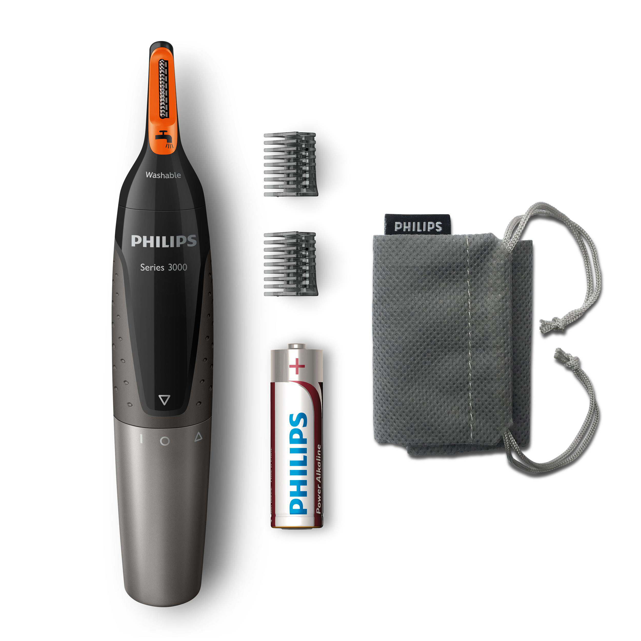 Philips Nasenhaartrimmer, Zubehör und Batterie, alles auf weißem Hintergrund.