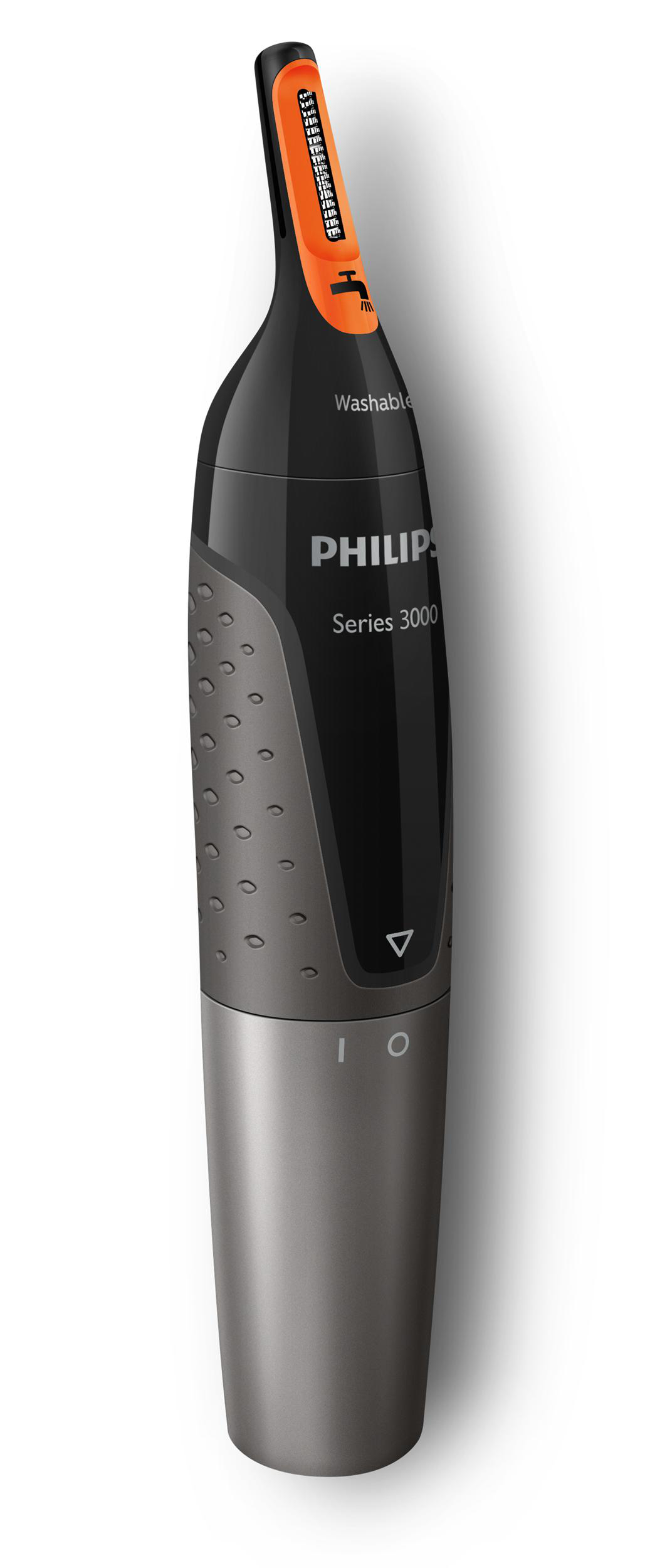 Ein schwarzer und grauer Nasenhaartrimmer mit orangefarbenen Details, Philips Serie 3000.