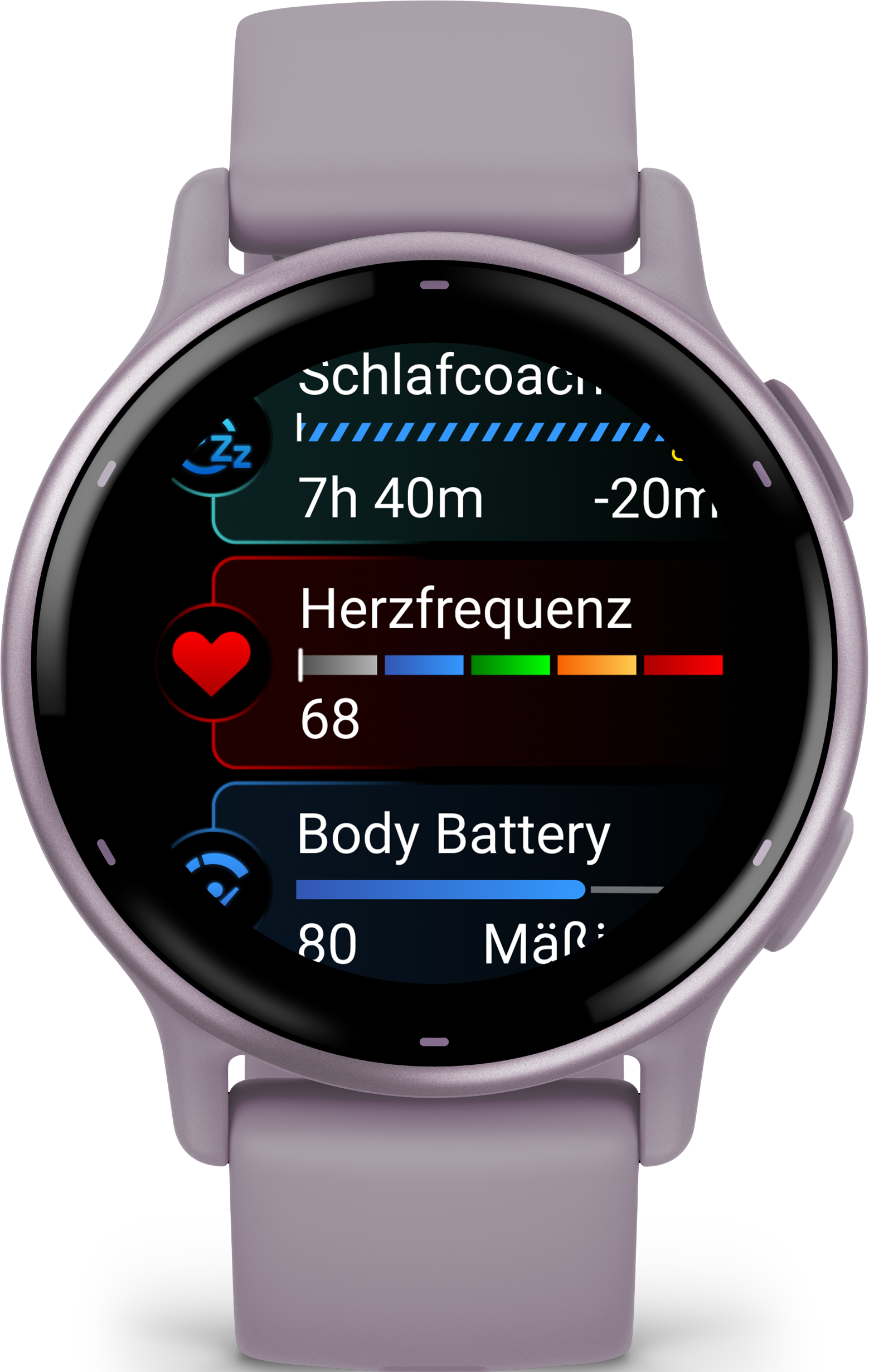 Smartwatch-Bildschirm mit Gesundheitsdaten: Herzfrequenz, Schlafdaten und Körperbatterie. Lavendelband.