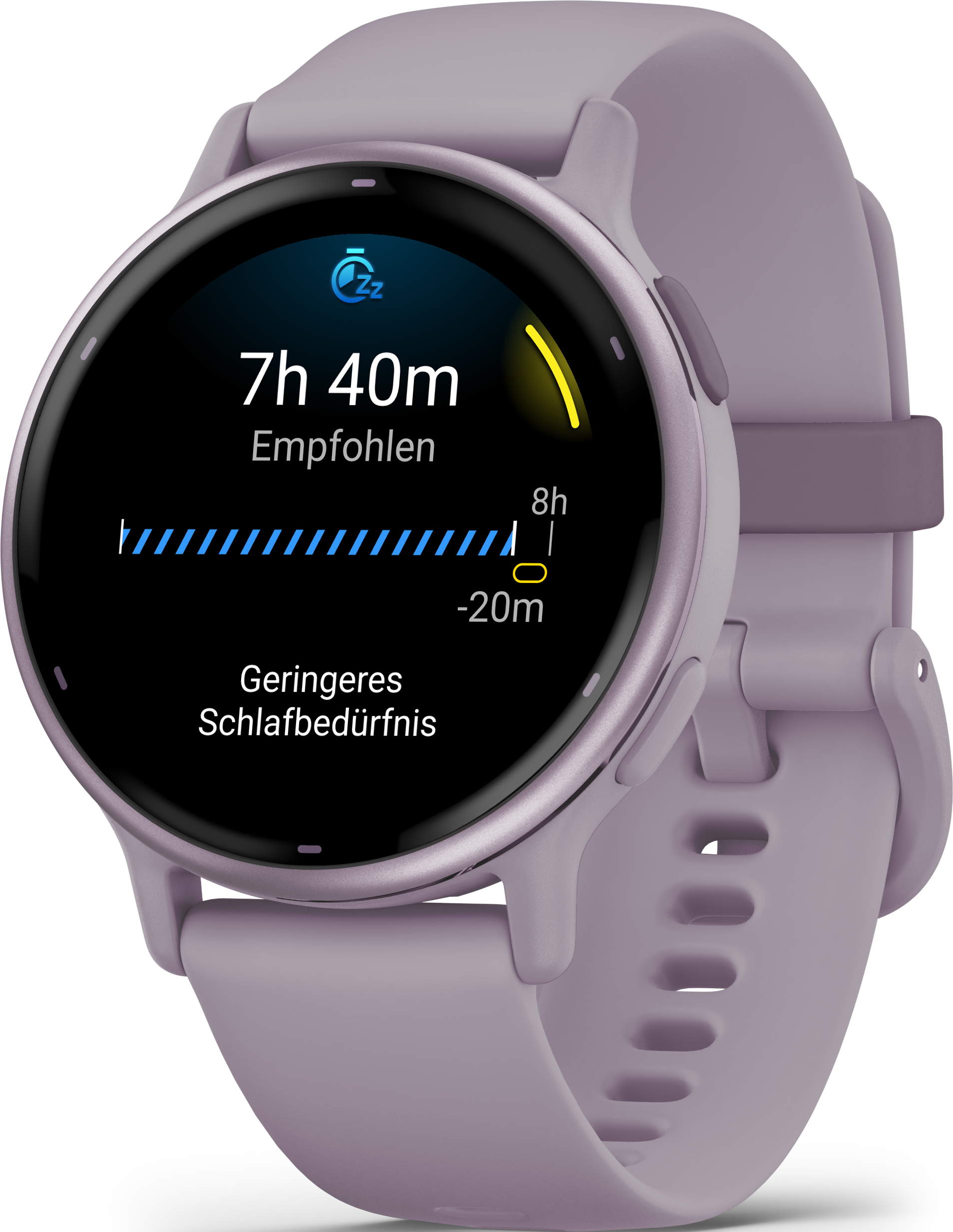 Eine lila Smartwatch zeigt eine Schlafanalyse mit Text auf Deutsch.