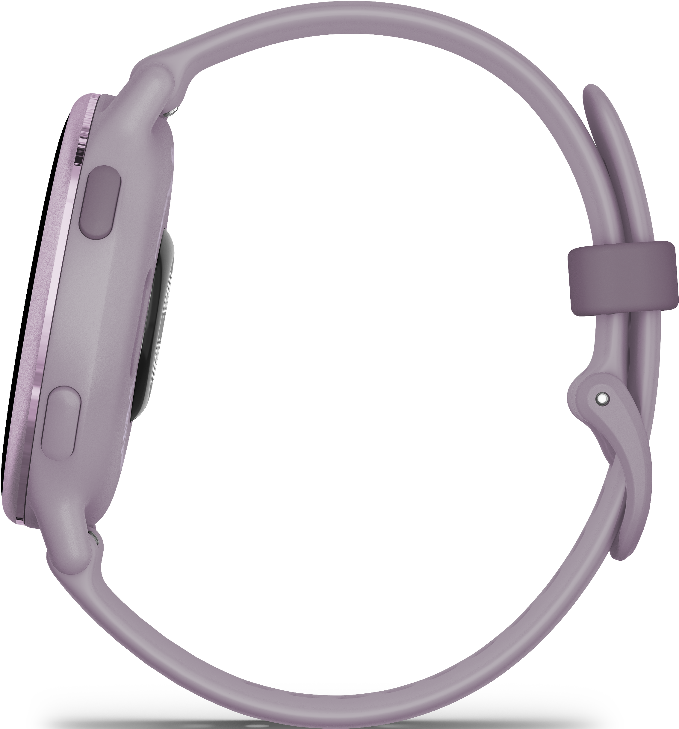 Seitenansicht einer lila Smartwatch mit Armband. Die Uhr hat einen kreisförmigen Bildschirm.