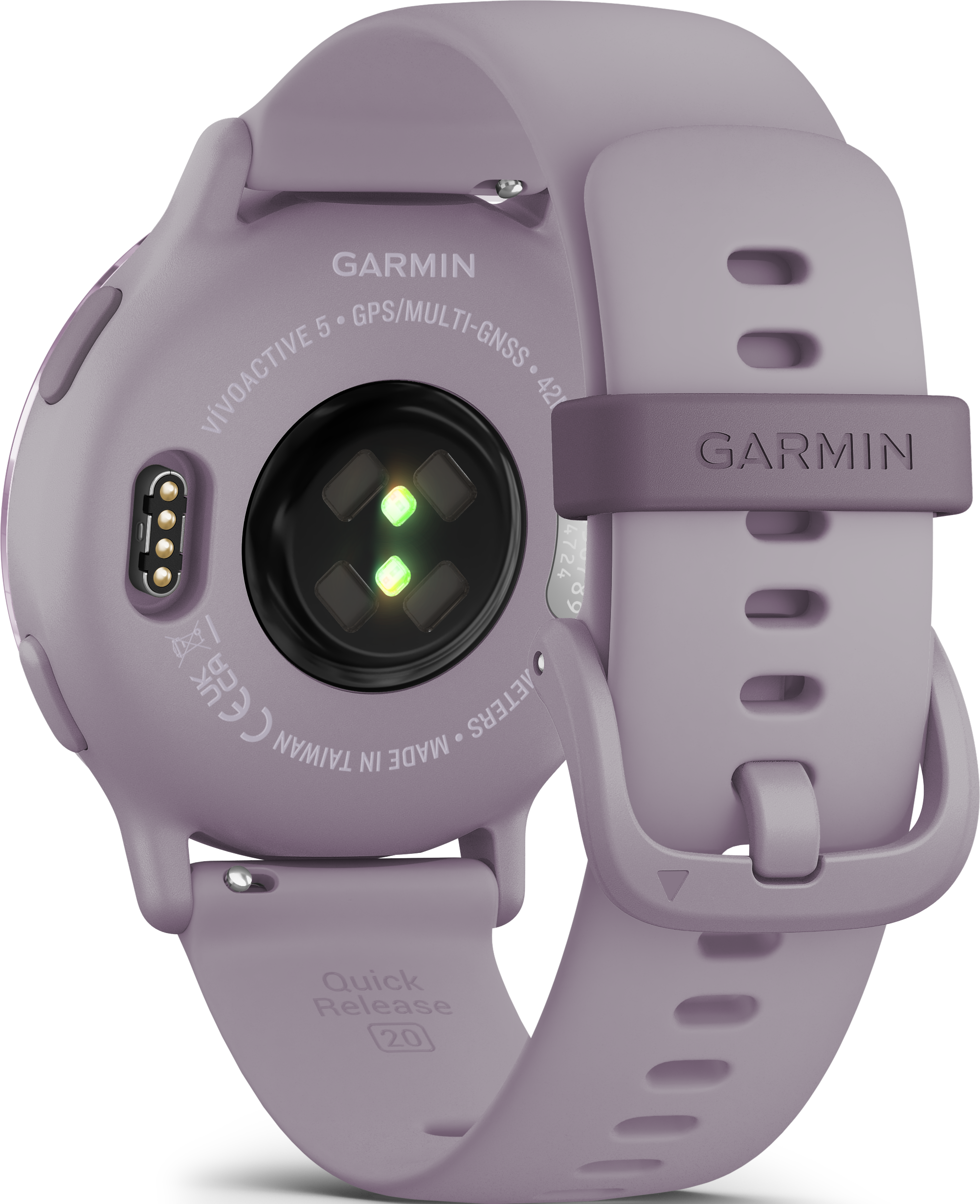 Lila Smartwatch mit lila Armband und schwarzem Sensor.