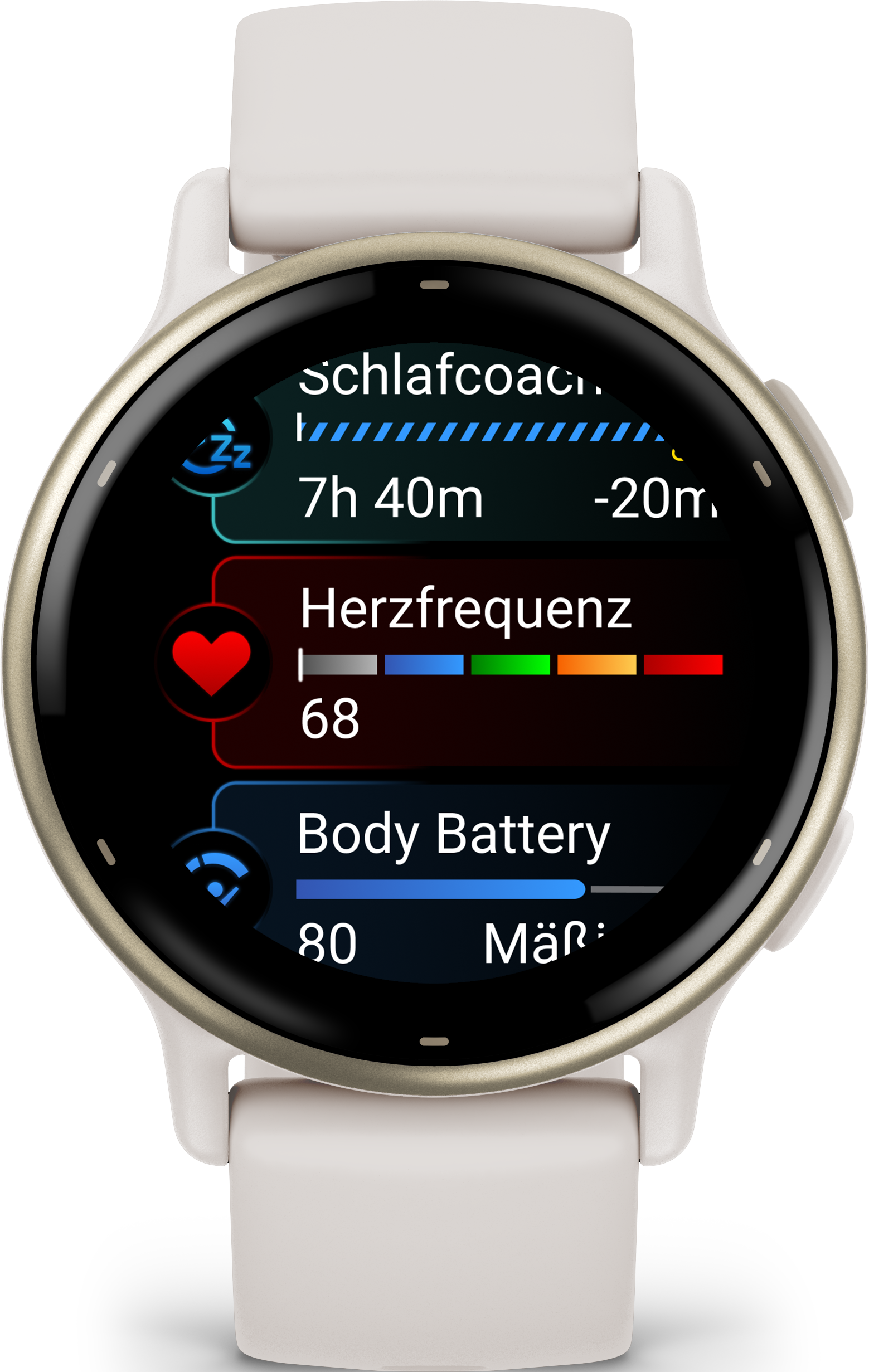 Ein Smartwatch-Bildschirm zeigt Schlafdaten, Herzfrequenz und Körperbatterie, mit verschiedenen Metriken und Messwerten.