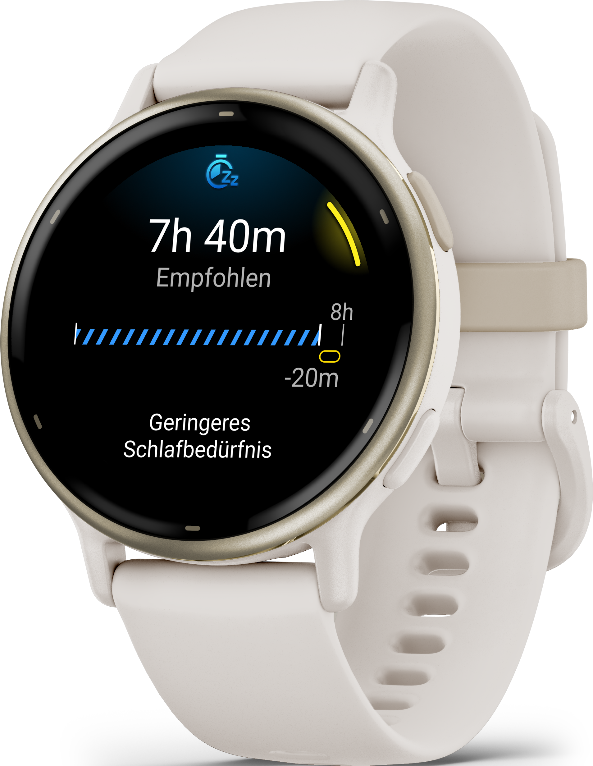 Nahaufnahme einer cremefarbenen Smartwatch mit rundem Bildschirm, der Schlafdaten anzeigt.