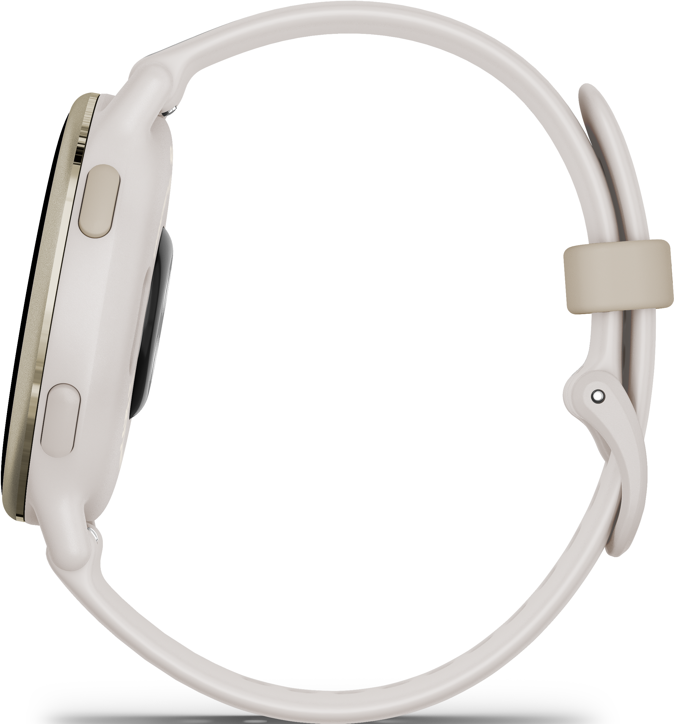 Weiße Smartwatch im Profil, zeigt das Armband und die Seitentasten.