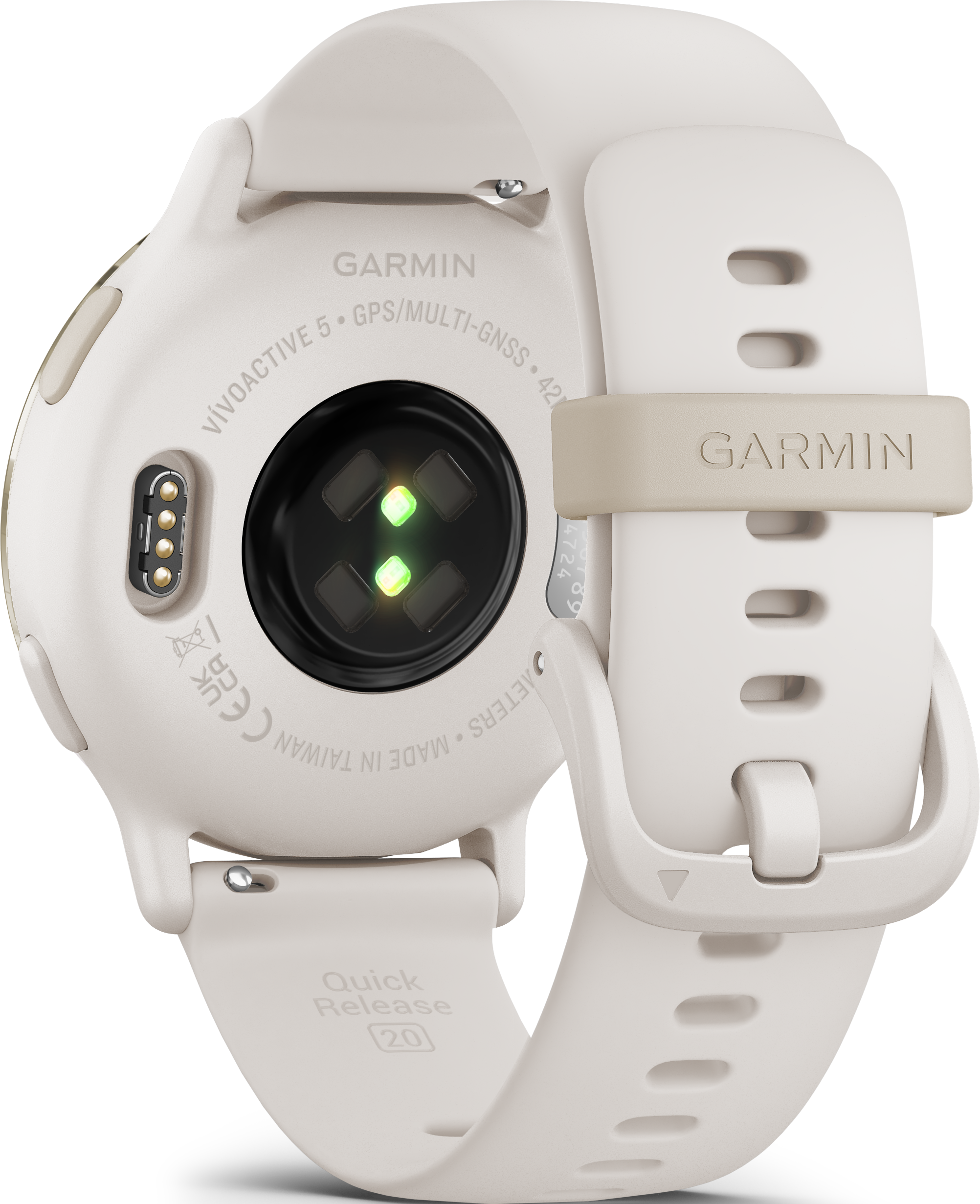 Weiße Garmin Smartwatch, Rückansicht. Zeigt Sensor- und Armbanddetails. Weißer Hintergrund.