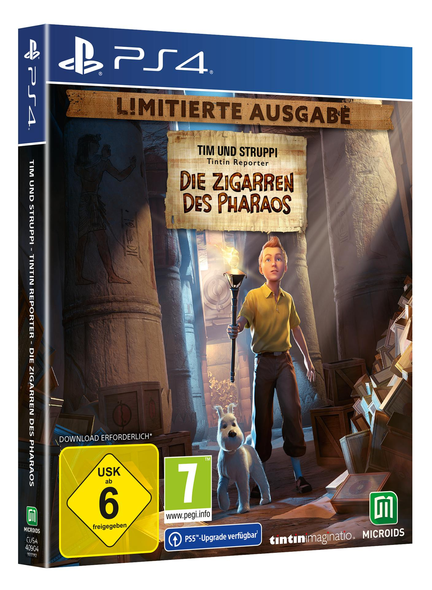 Spielbox für Tim und Struppi und die Zigarren des Pharao für PS4. Tim und Struppi in antiken Ruinen.