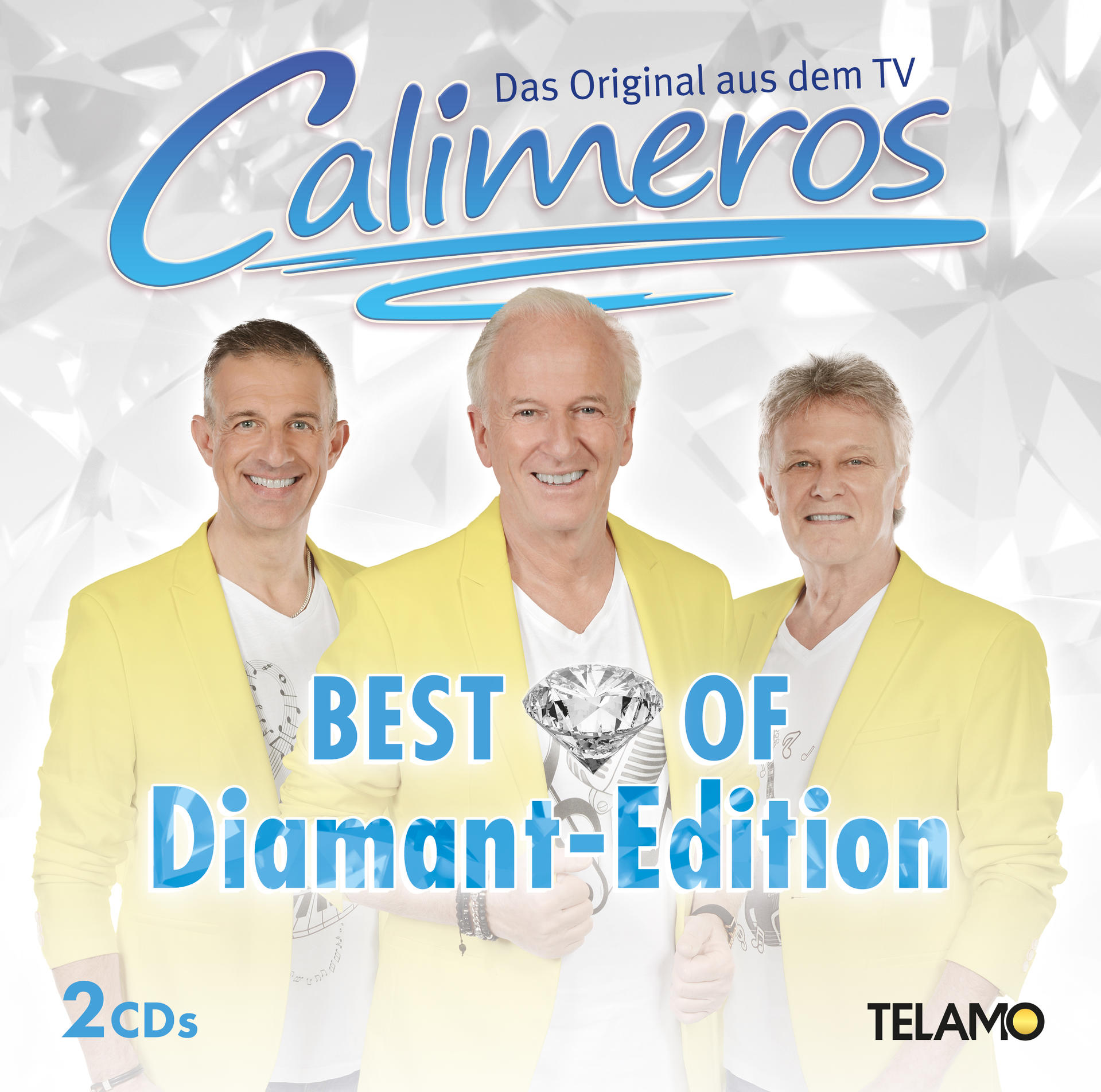 Calimeros Best Of Albumcover. Drei Männer in gelben Jacken. Diamantförmiges Logo und Text '2CDs'.
