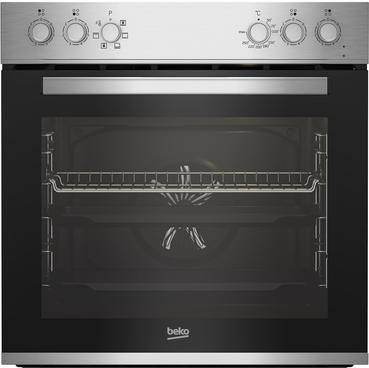 Ein Edelstahlbackofen mit Glastür, Innenregalen und Bedienknöpfen oben.