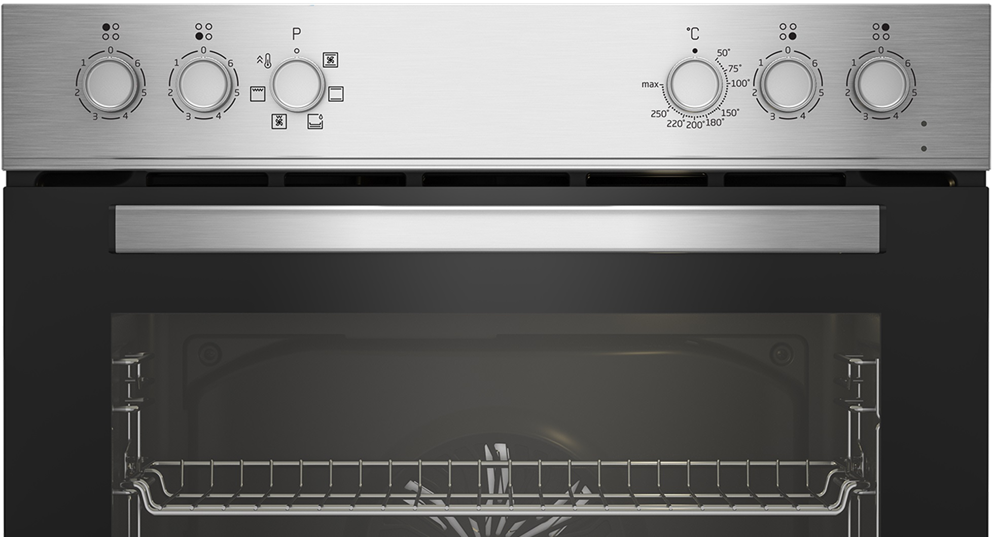 Ein Backofen-Bedienfeld mit Knöpfen und Einstellungen, und der Backofen-Innenraum sichtbar.