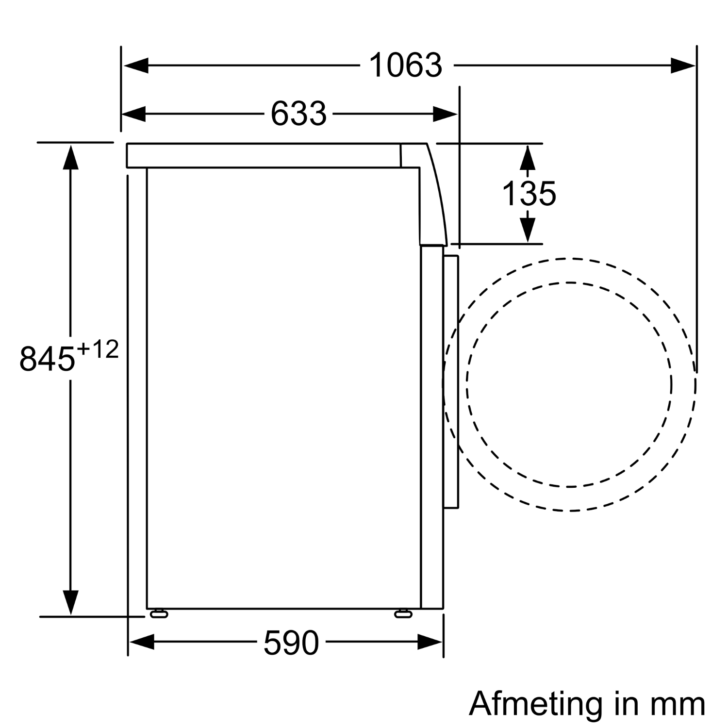 Een tekening van een wasmachine met afmetingen in mm.