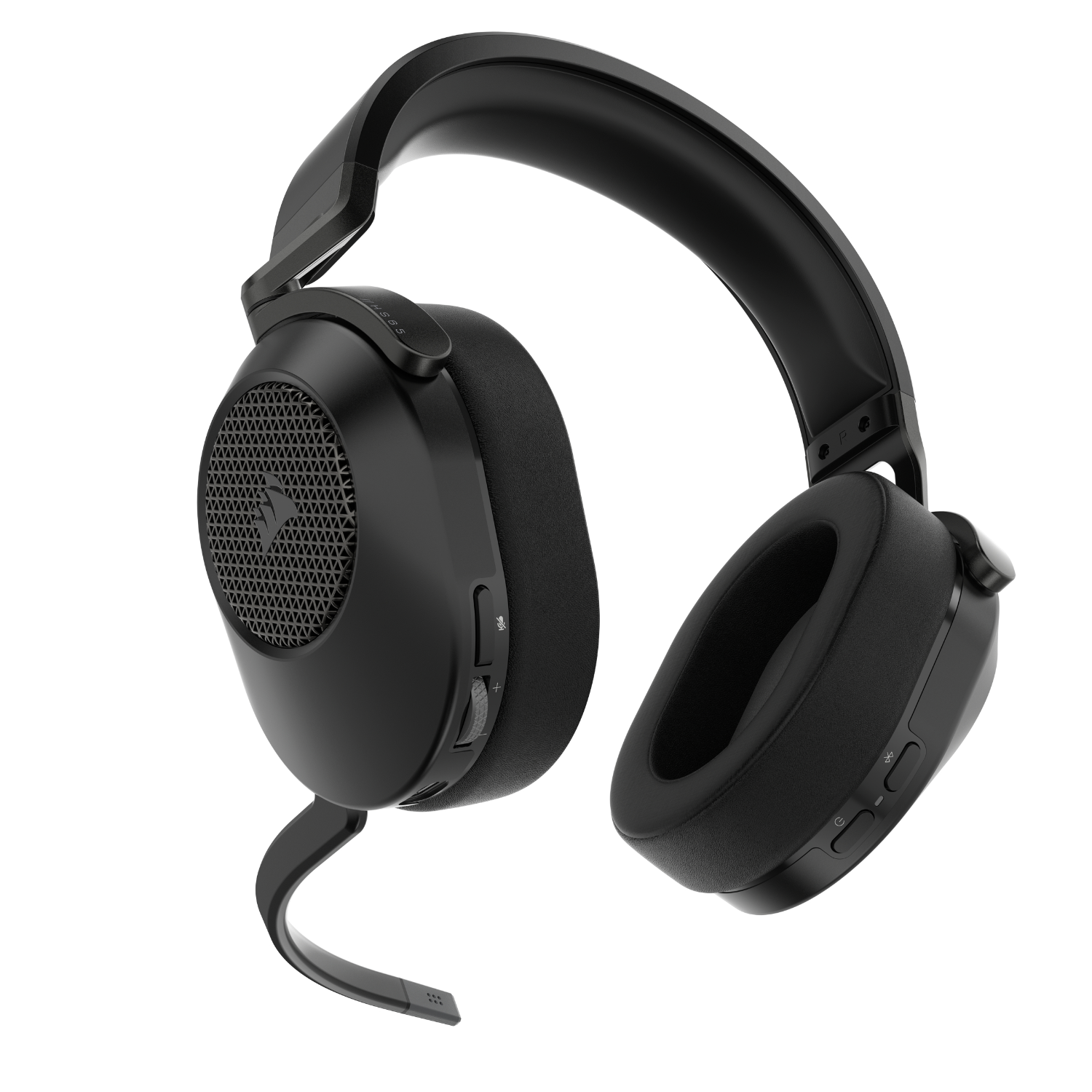 Black headphones with a microphone. The earcups have a mesh design. White background.