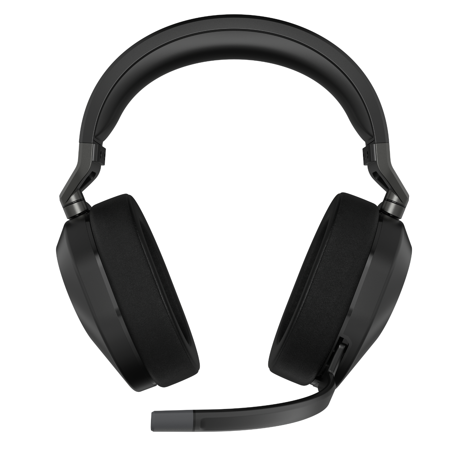 Black gaming headset with a microphone, overhead view.