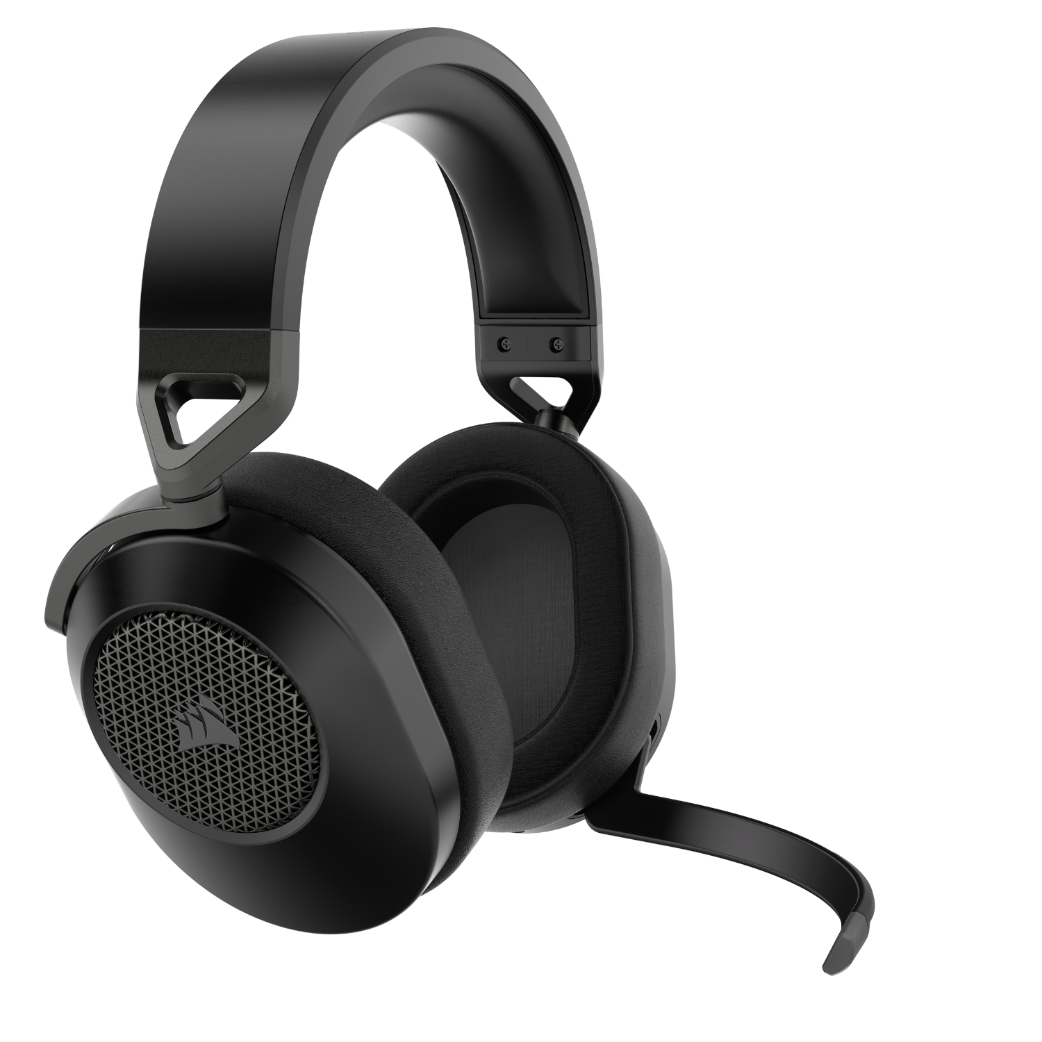 Black Corsair headset with a microphone, on a white background, angled view.