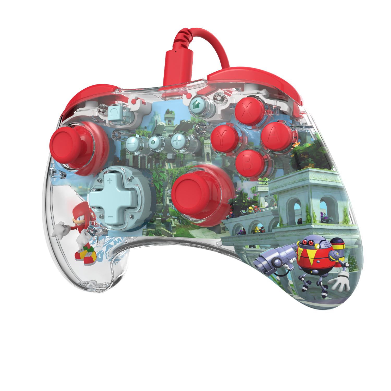 Clear gaming controller with a Sonic the Hedgehog theme. Red buttons, and a landscape in the middle.