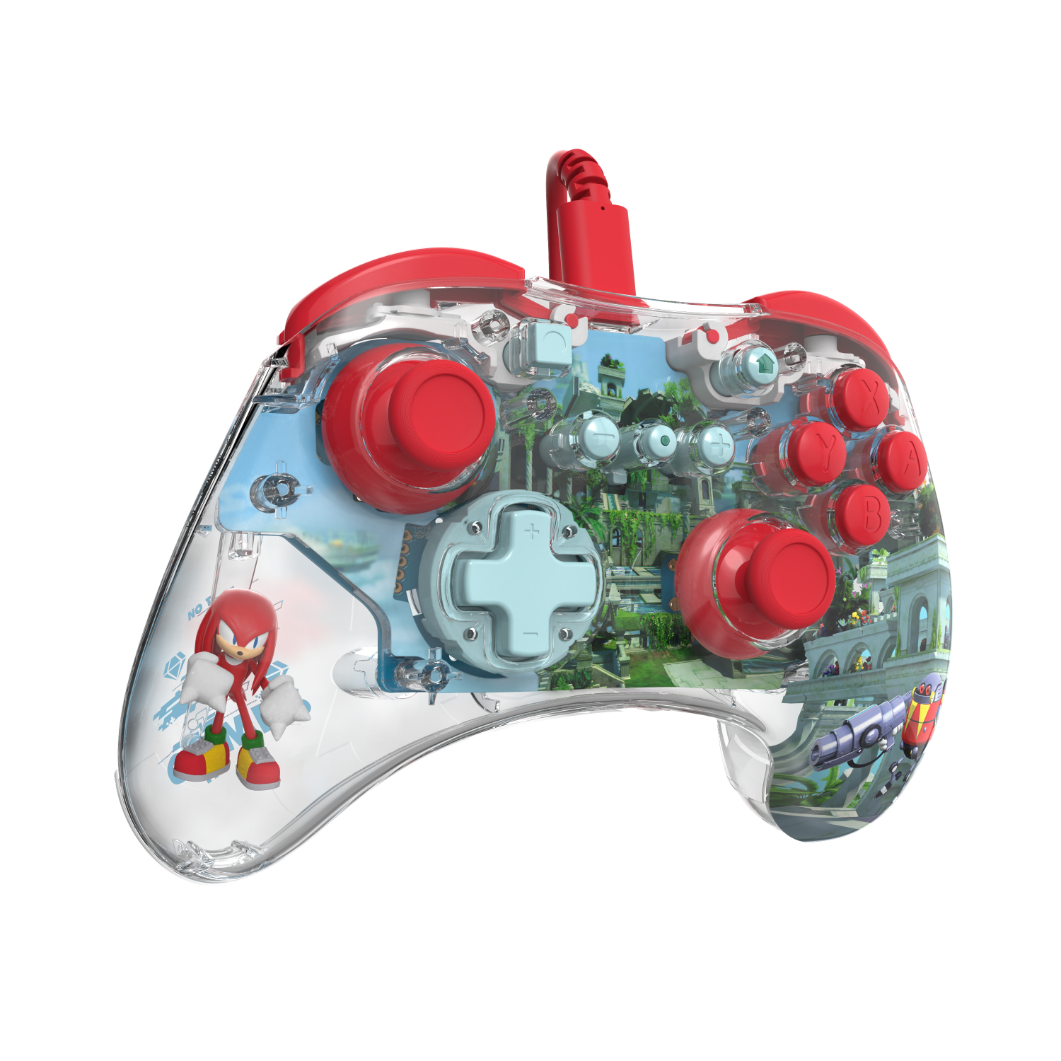 A clear game controller with a red button and a Knuckles character on the side.