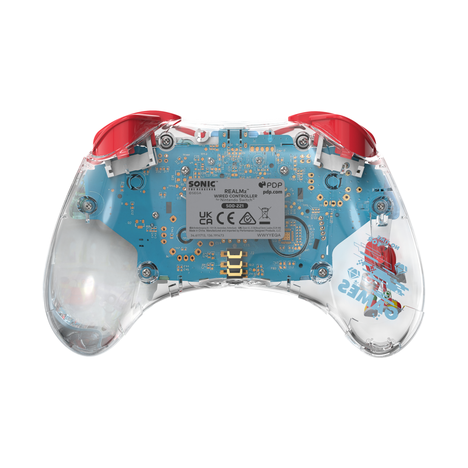 A transparent blue and red game controller with a circuit board visible. White background.