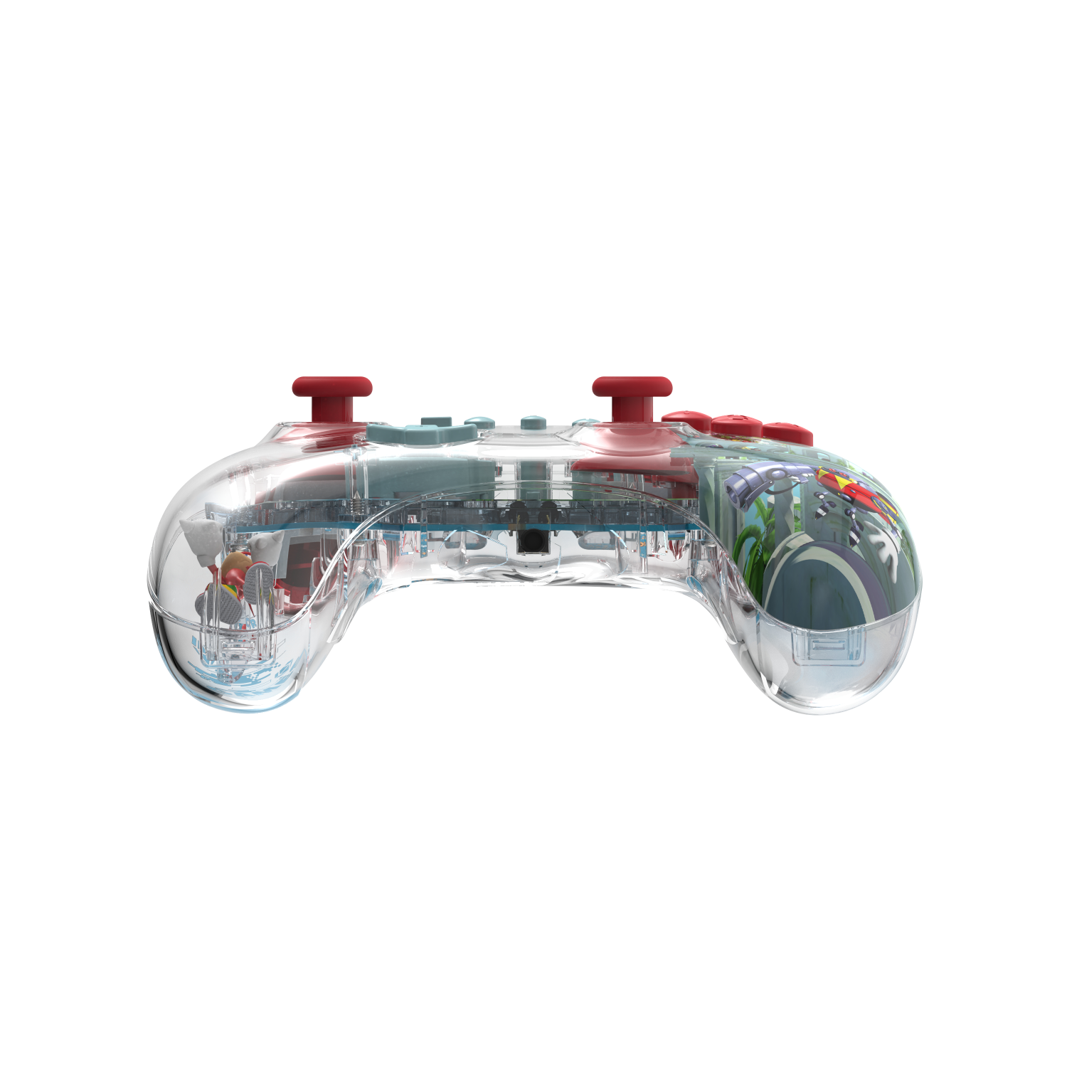 A transparent gamepad with red buttons, showing internal components and a colorful design.