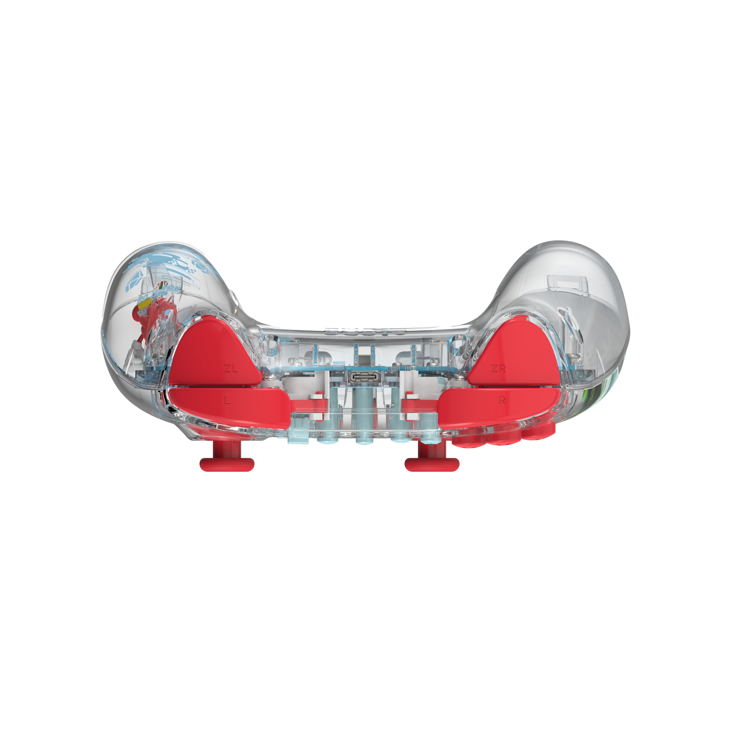Transparent Nintendo Switch controller grips with red buttons and internal components.