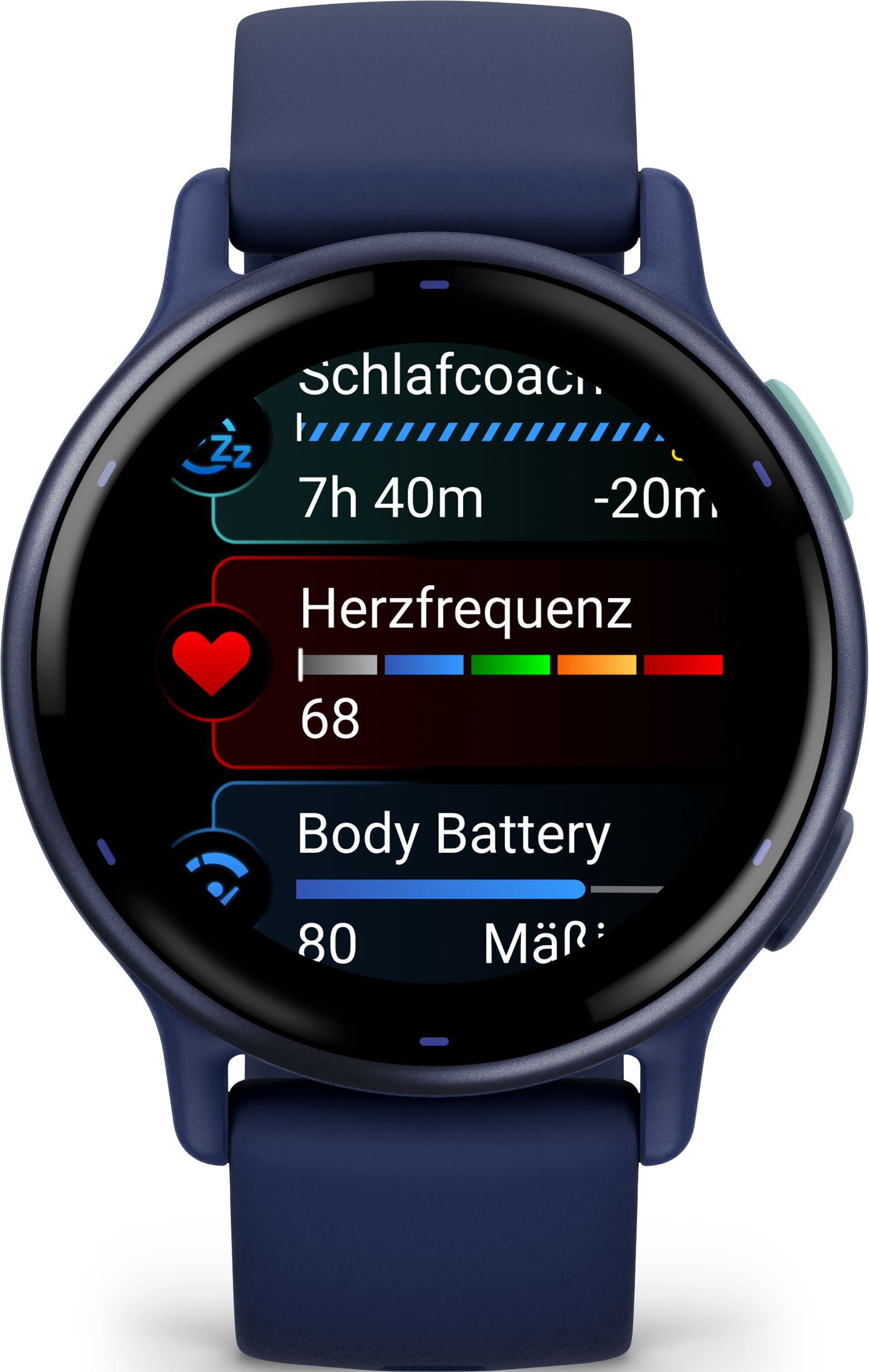 Smartwatch zeigt Schlafdaten und Herzfrequenz auf blauem Armband.
