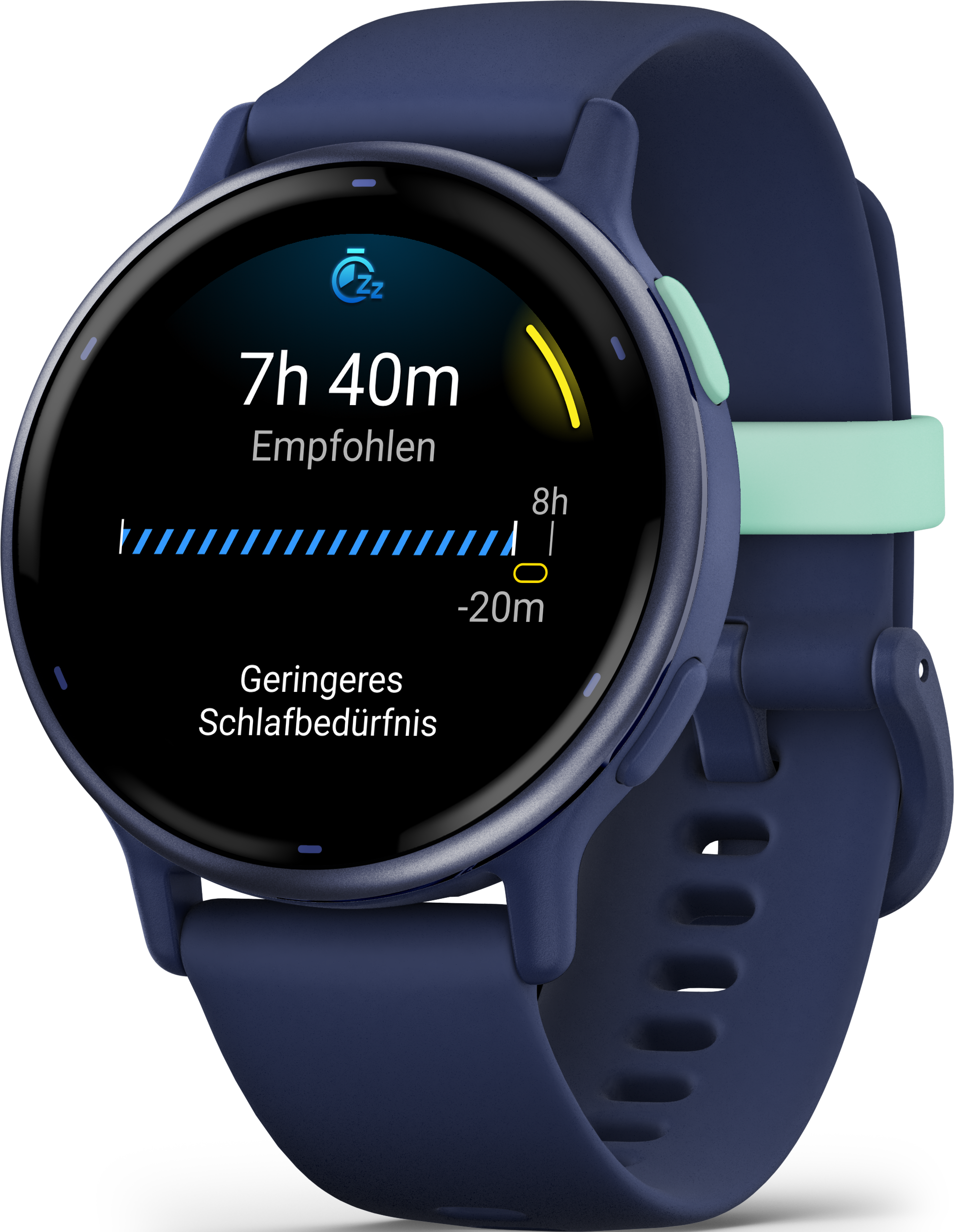 Marineblaue Smartwatch mit rundem Bildschirm, grünem Band.