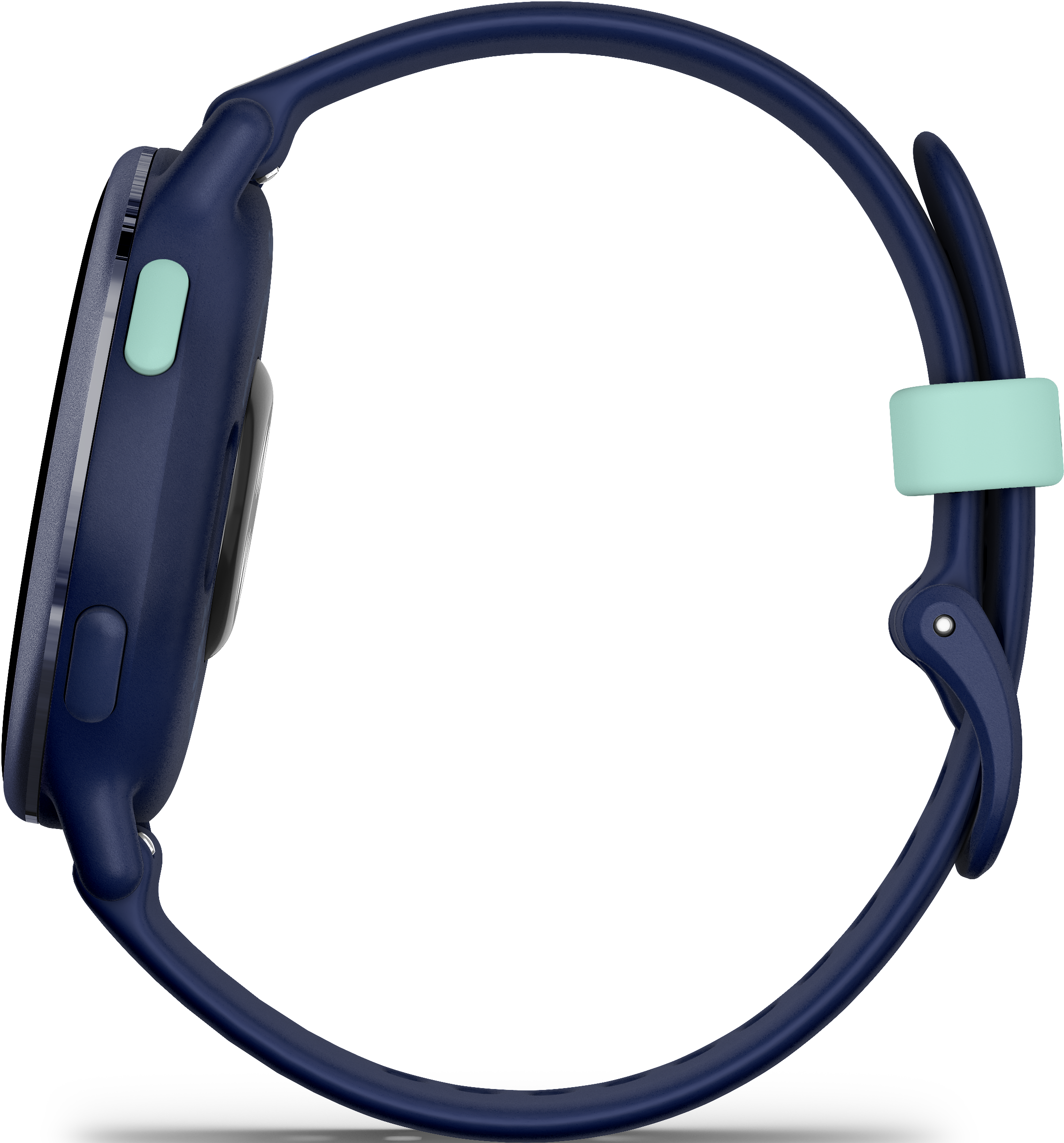 Eine Seitenansicht einer dunkelblauen Smartwatch mit blauem Armband.