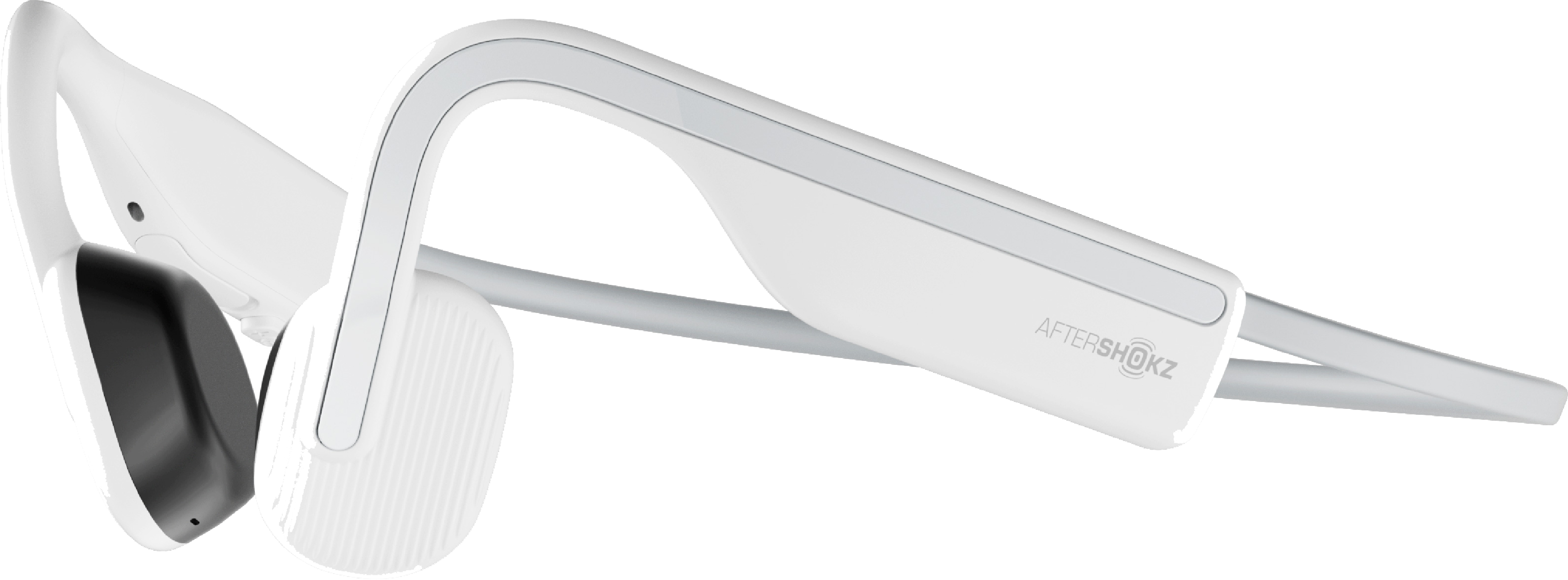 Fehér AfterShokz csontvezetéses fejhallgató, ívelt kialakítású, fülrész és tarkópánt.