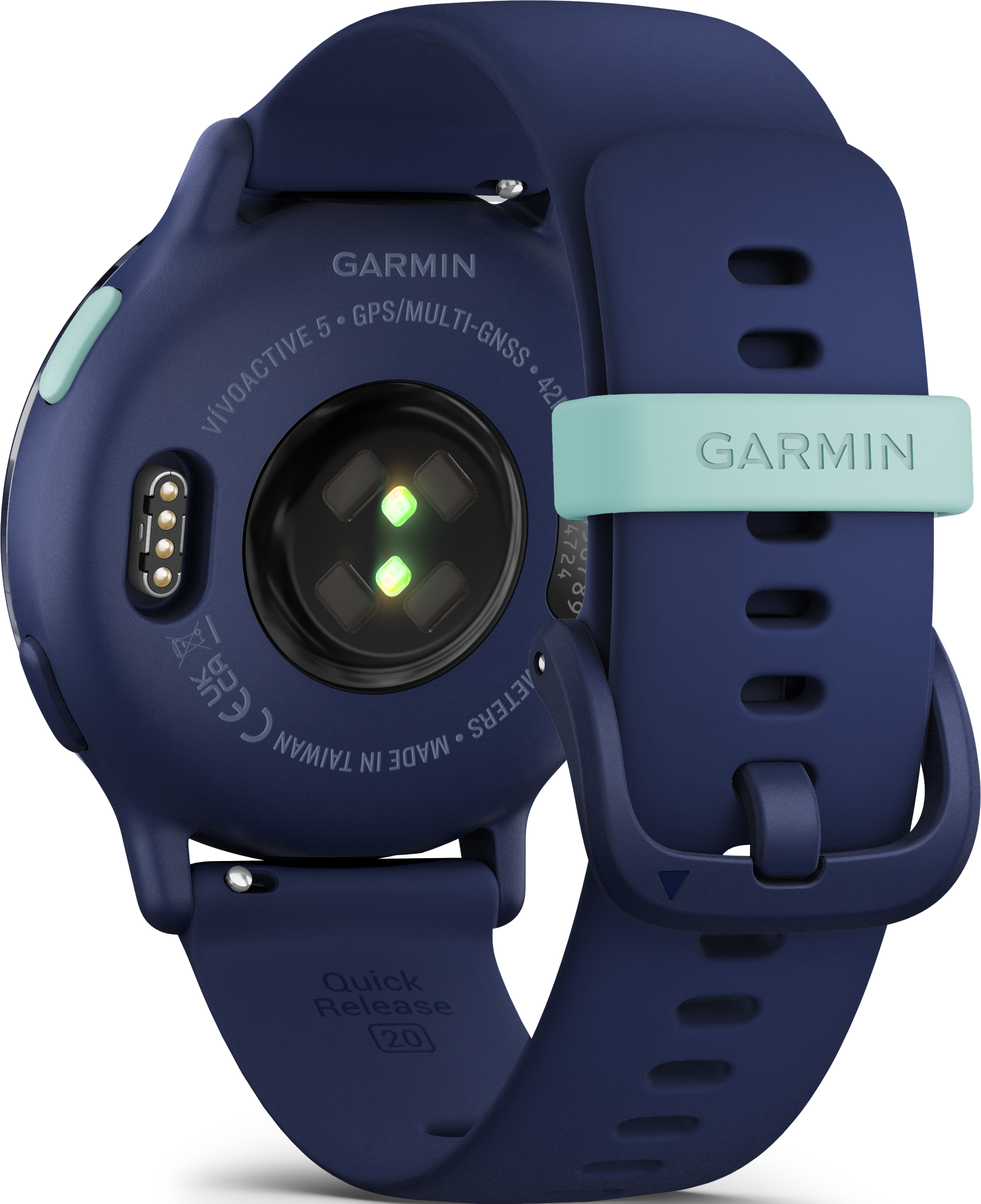 Garmin Smartwatch, zeigt die Rückseite mit Sensoren und einem mintgrünen Bandverschluss.