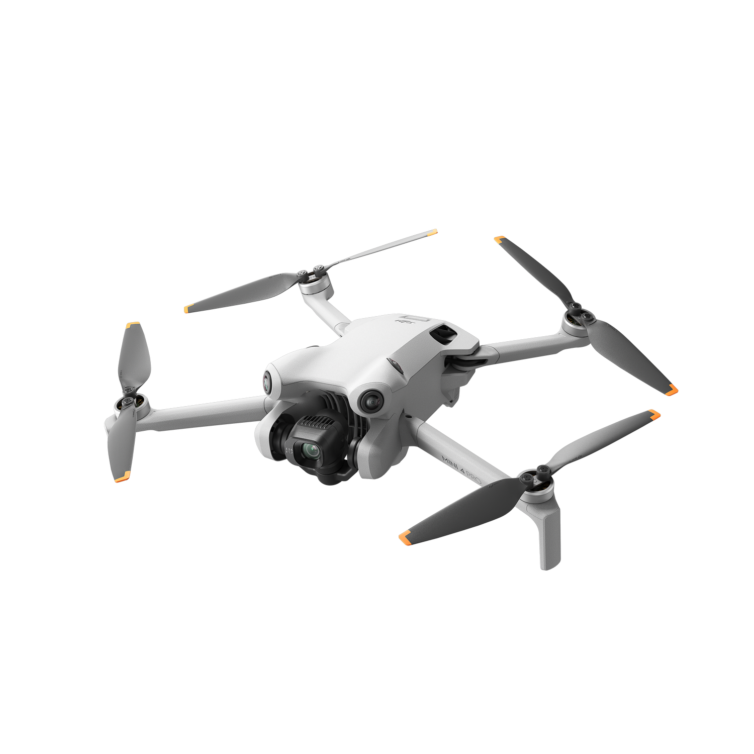 Dron blanco con cuatro hélices grises sobre fondo negro.
