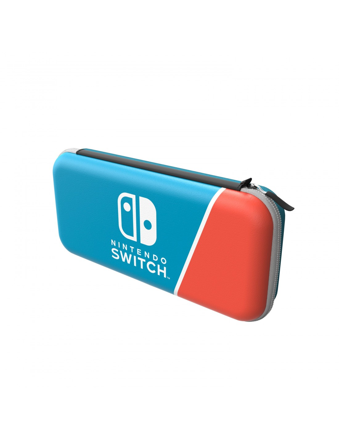 Una funda para Nintendo Switch. Es azul y naranja, con el logotipo de Nintendo Switch. Sobre un fondo blanco.