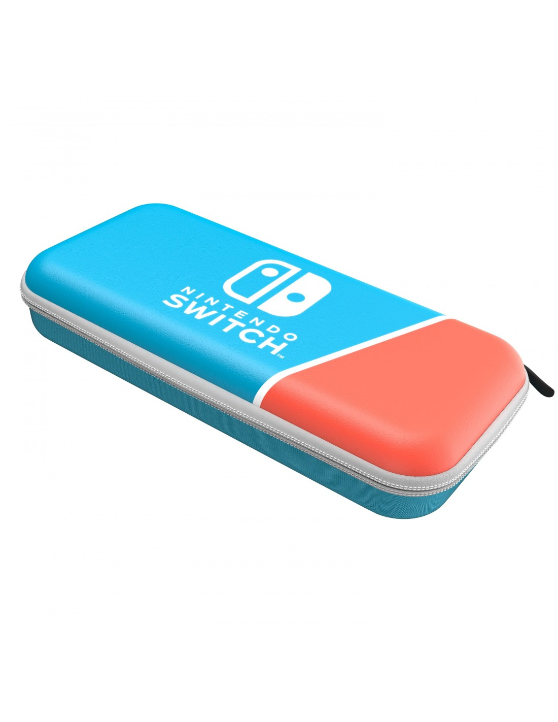 Una funda de transporte de Nintendo Switch. Es azul con una sección roja y un logotipo blanco que dice Nintendo Switch.