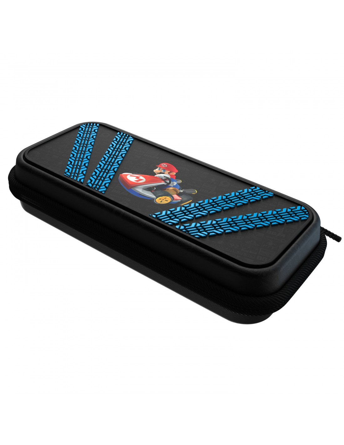 Estuche negro con Mario en kart, huellas azules de neumáticos y cremallera. Estuche Nintendo Switch.