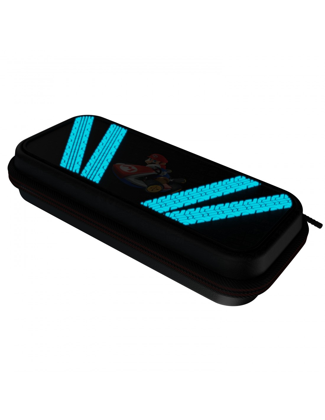 Funda negra y azul de Nintendo Switch con una imagen de Mario Kart y diseño de huellas de neumáticos.