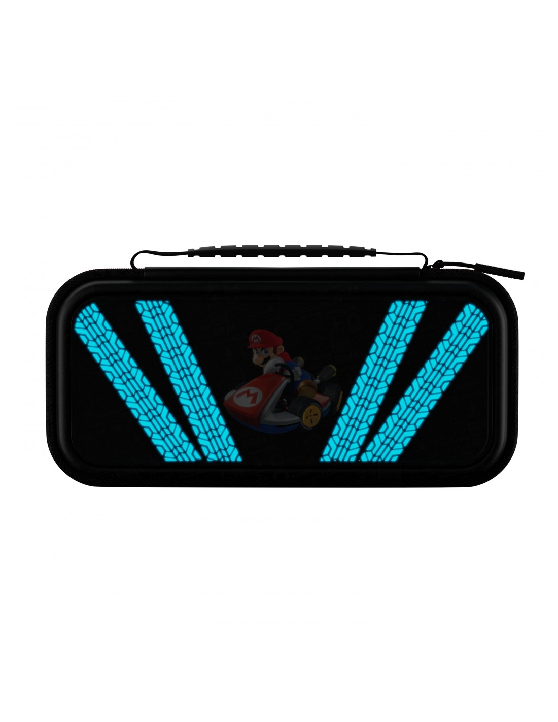 Una funda negra de Nintendo Switch con diseño de Mario Kart y acentos de huellas de neumáticos azules.