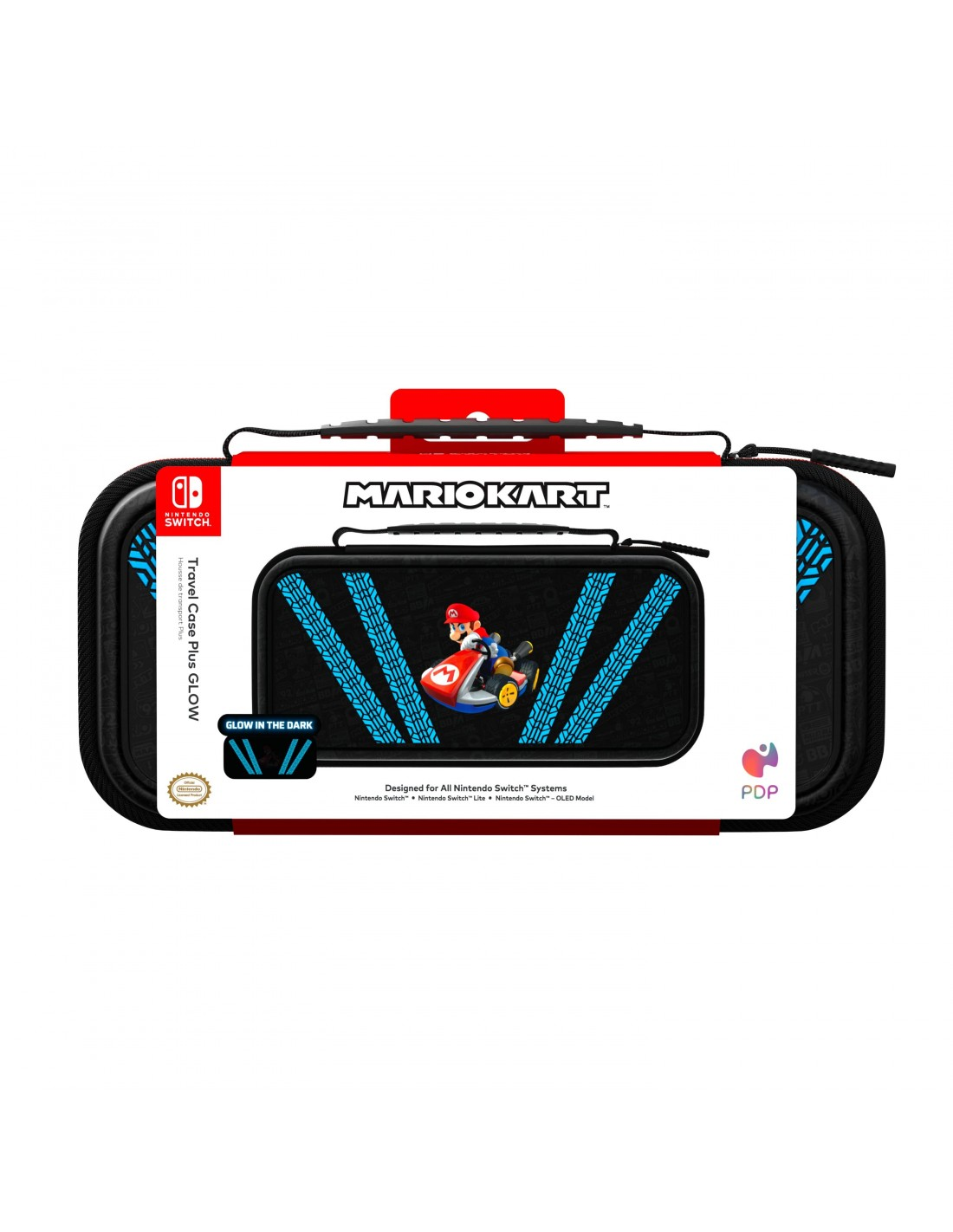 Funda negra y azul de Mario Kart para Nintendo Switch. Fondo blanco.