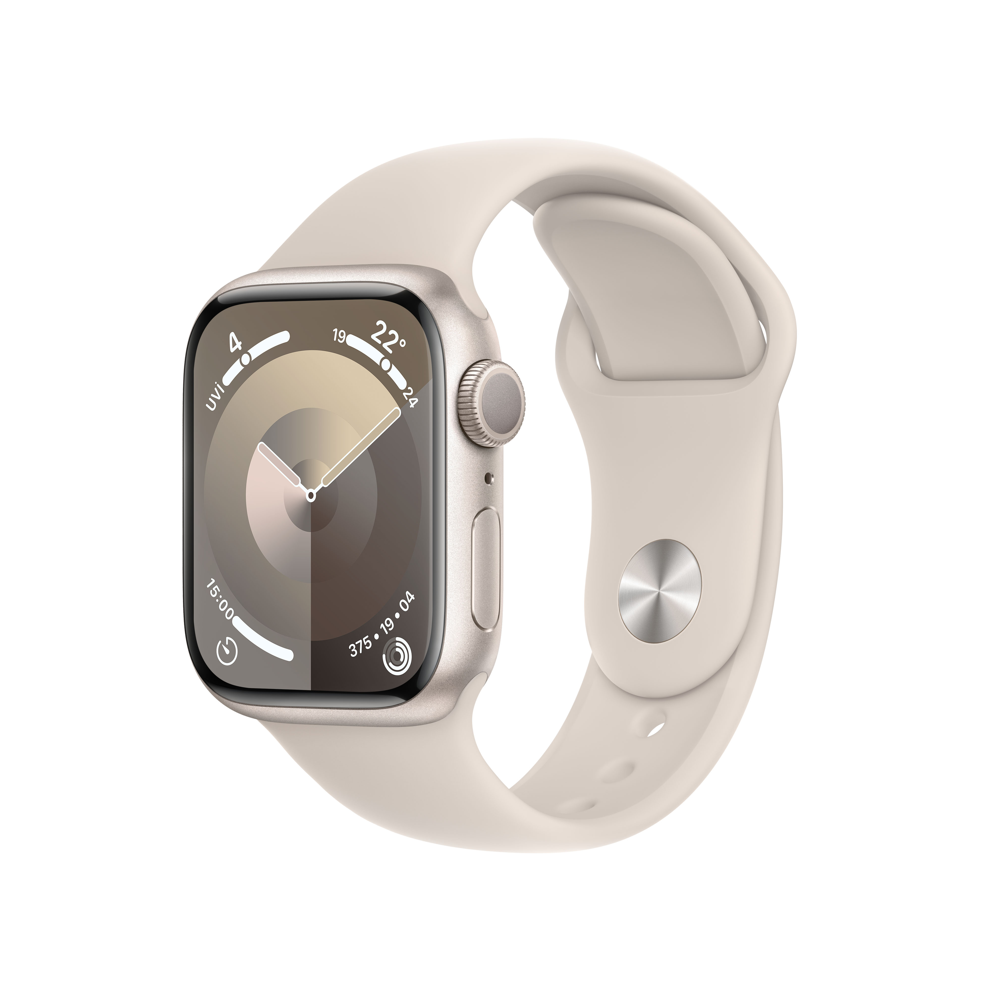 Krem rengi kayışlı Apple Watch. Saat kadranı tarihi, saati ve 375 kalp atış hızını gösterir.