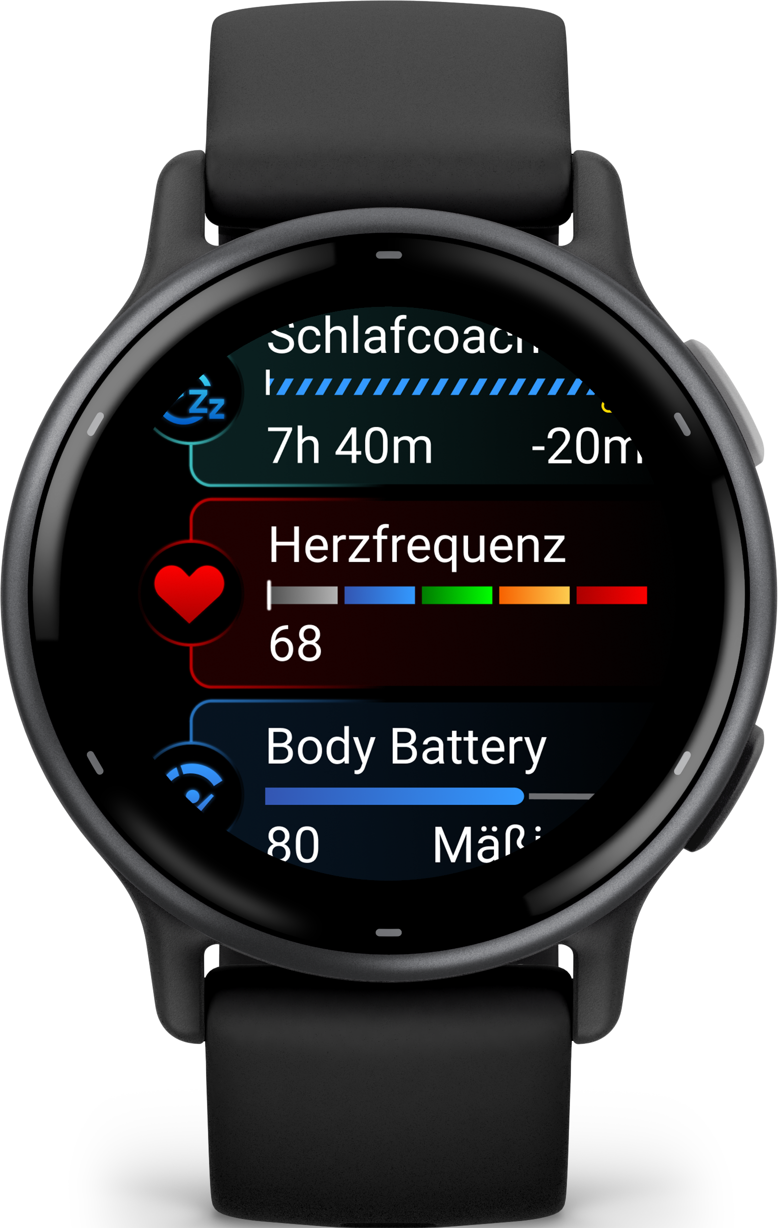 Schwarze Smartwatch mit Herzfrequenz, Schlaf und Körperbatteriedaten auf dem Bildschirm.