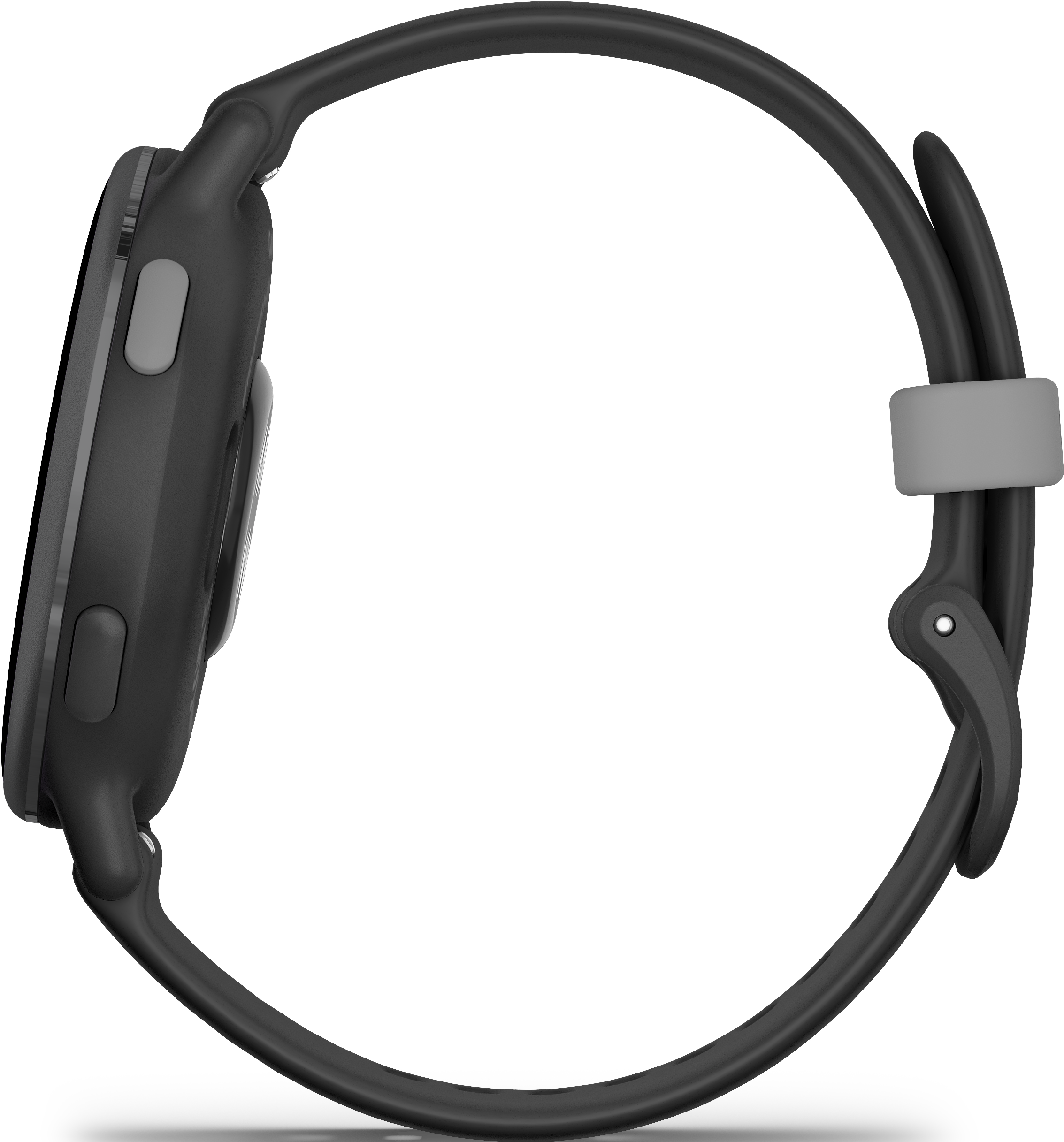 Seitenansicht einer schwarzen Smartwatch. Armband umschließt. Details auf dem Zifferblatt sichtbar.