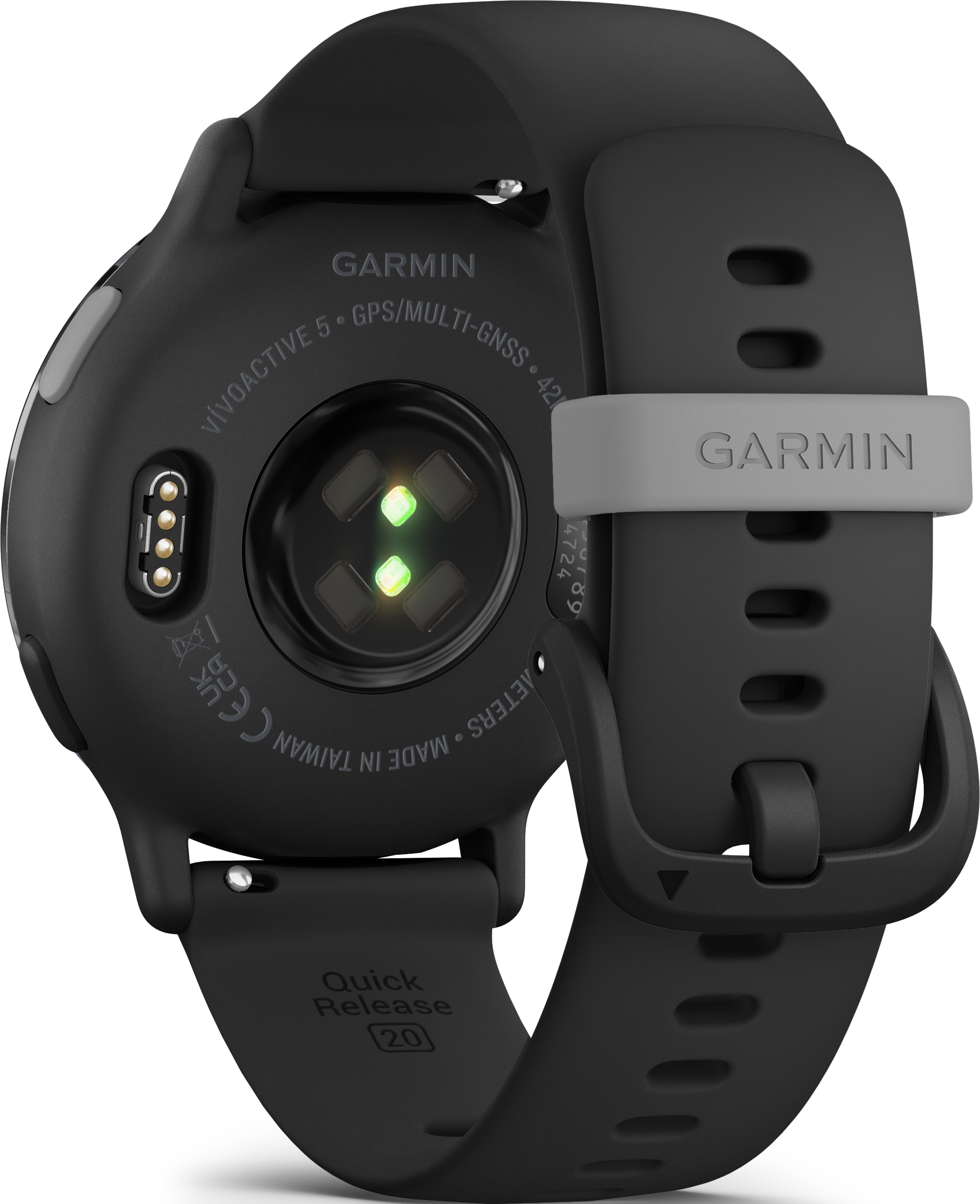 Rückansicht einer schwarzen Garmin Smartwatch, die Sensoren und Armband zeigt.