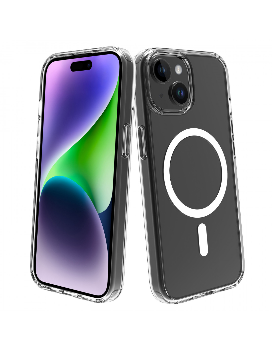 Dos fundas transparentes para teléfono; una en el teléfono, otra mostrando el anillo magnético en la parte trasera.