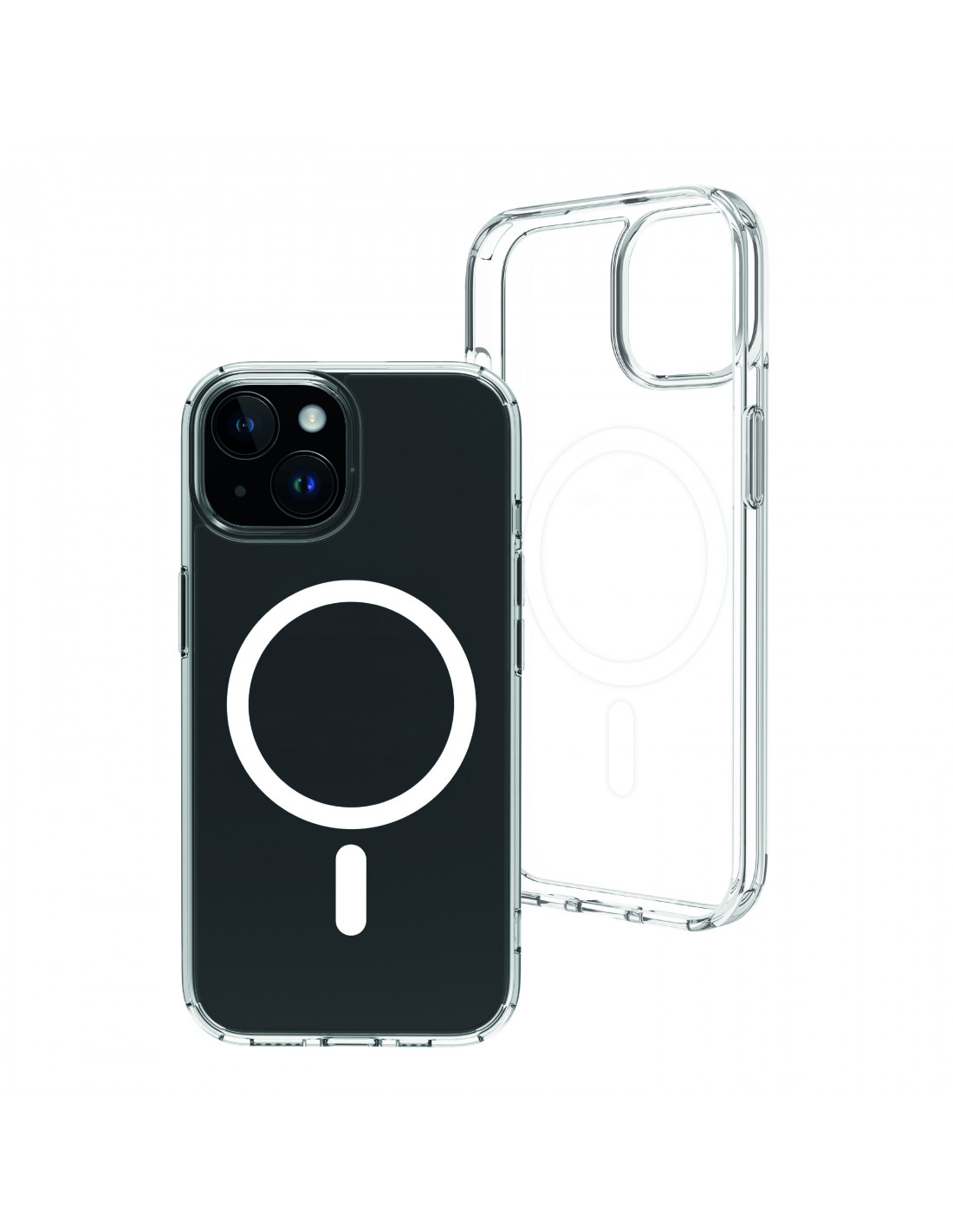 iPhone negro con funda transparente y un círculo MagSafe blanco. La funda tiene un recorte para la cámara.