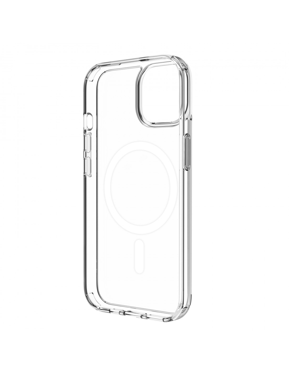 Funda transparente para teléfono con círculo MagSafe, sobre fondo blanco.