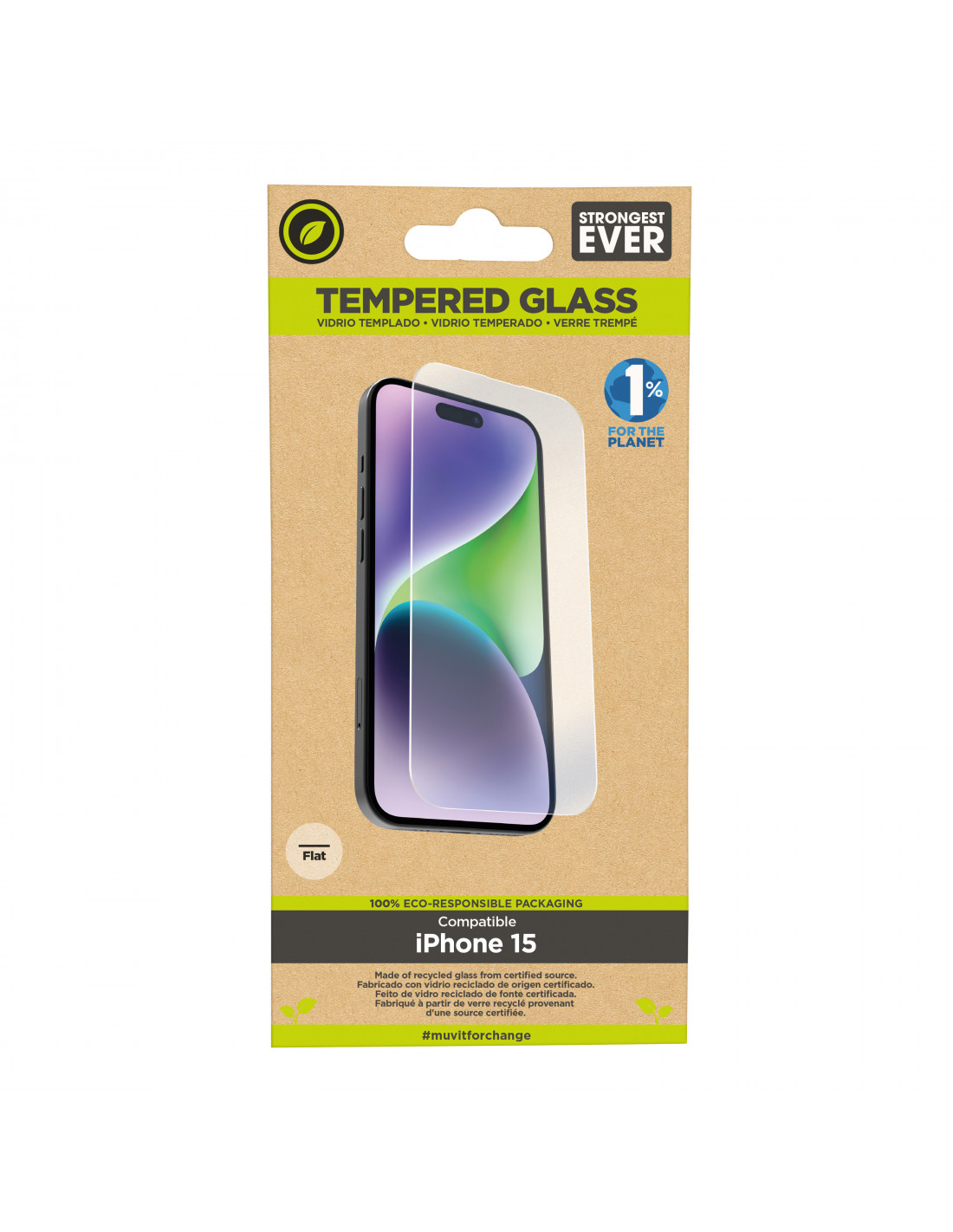 Embalaje de protector de pantalla para smartphone. Muestra un teléfono con el protector aplicado, sobre cartón.