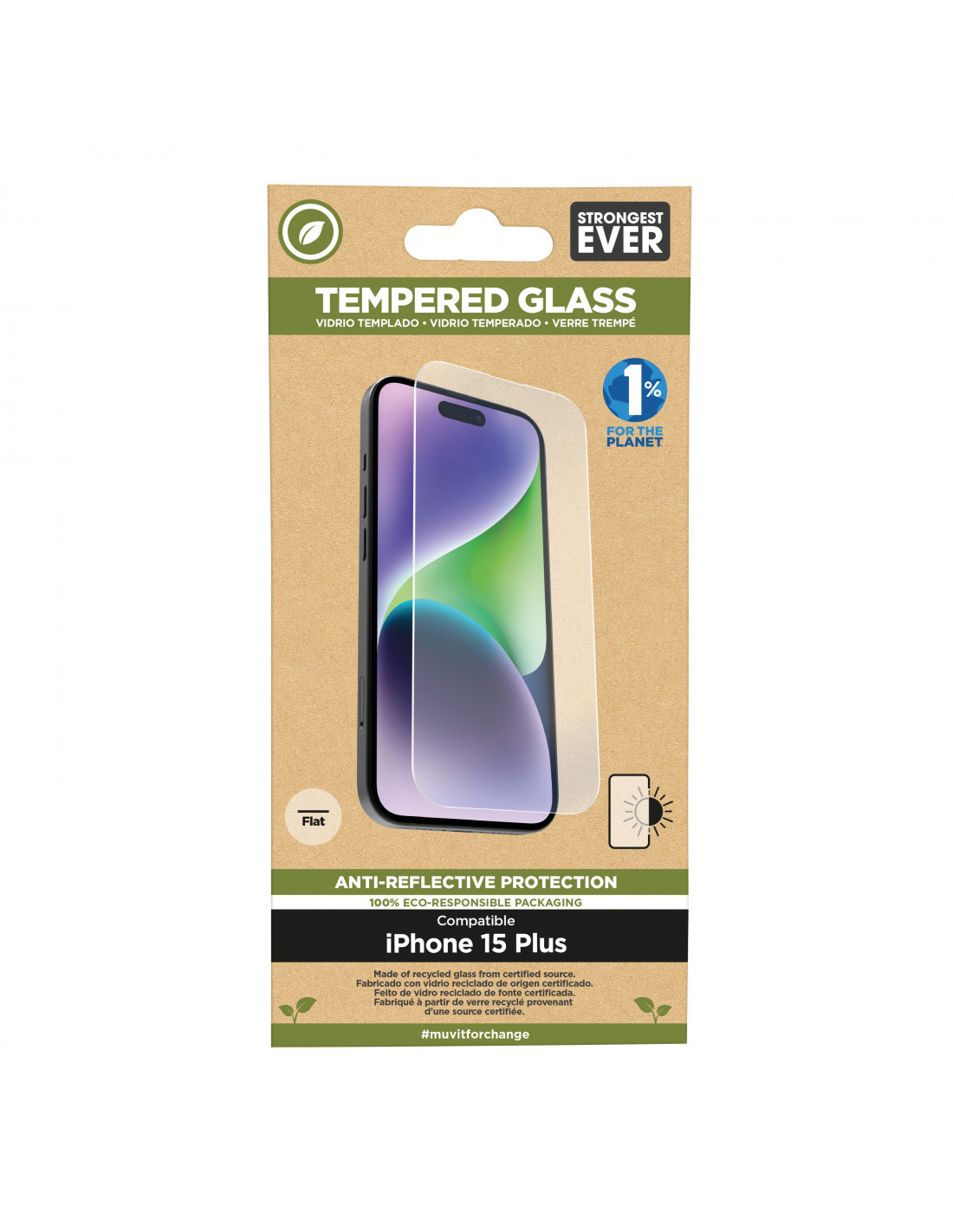 Embalaje para protector de pantalla del iPhone 15 Plus. El embalaje es marrón y verde.
