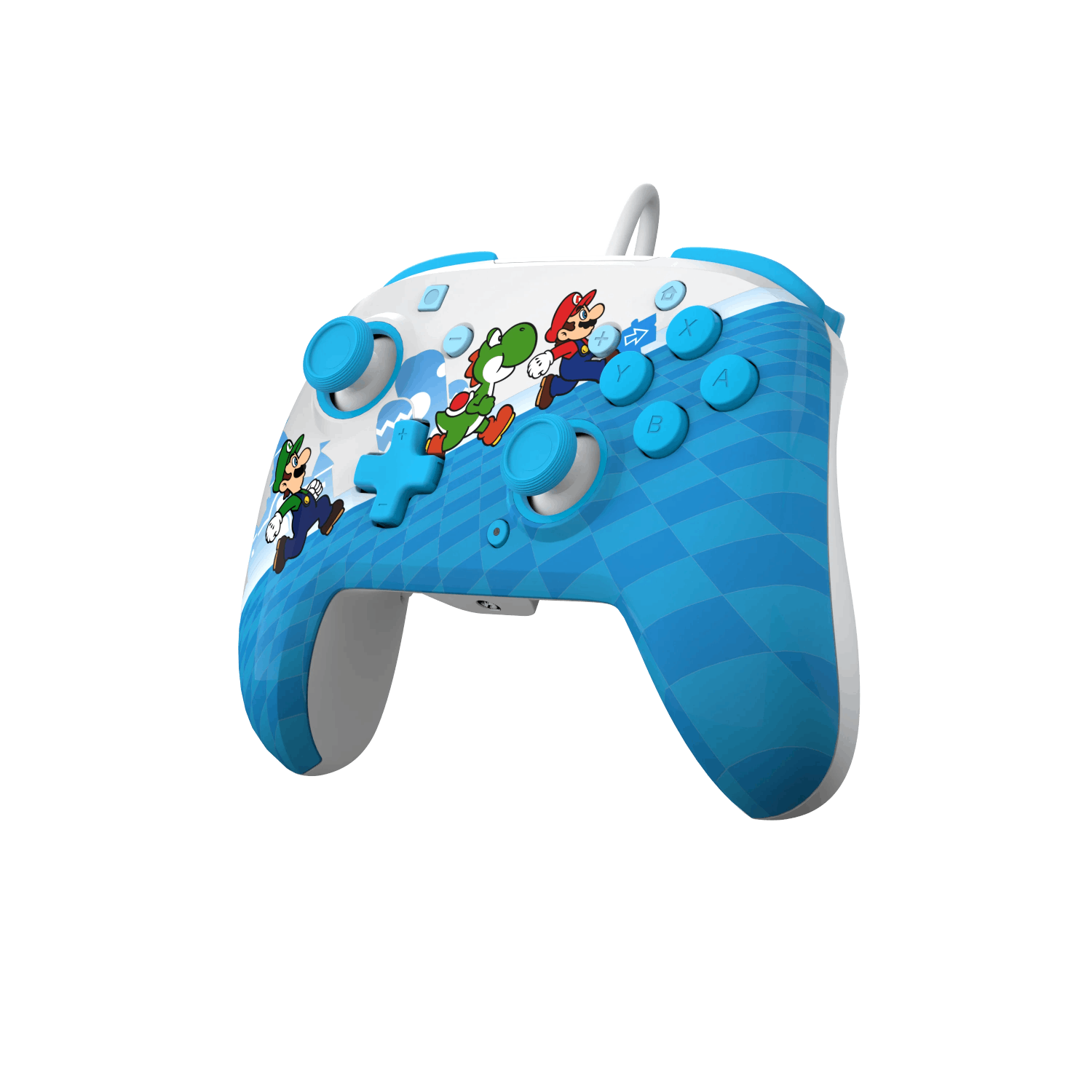 Un mando de Nintendo Switch azul y blanco con personajes de Mario y Luigi.