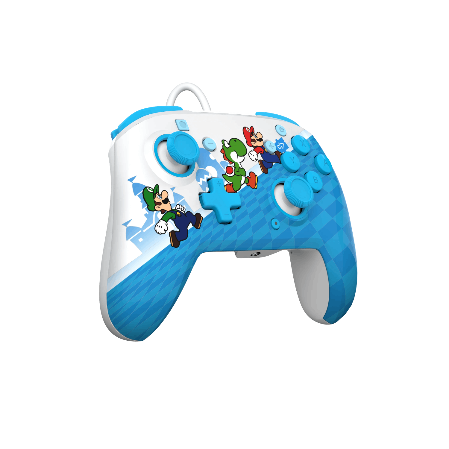Un mando de juegos blanco y azul con Mario, Luigi y Yoshi. Los personajes son de estilo cartoon.